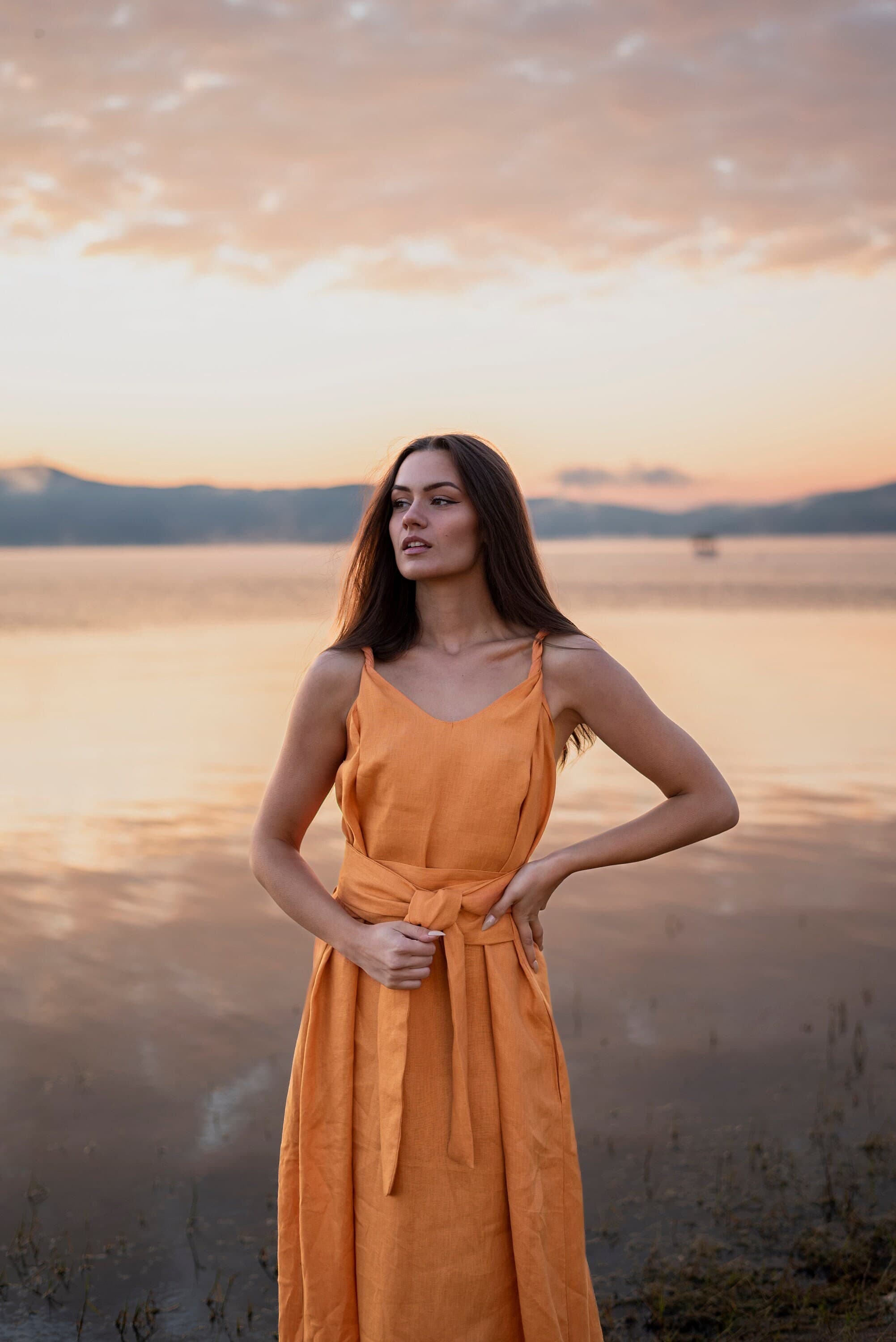 Long Linen Maxi Slip Dress, Spaghetti Strap Dress  with belt