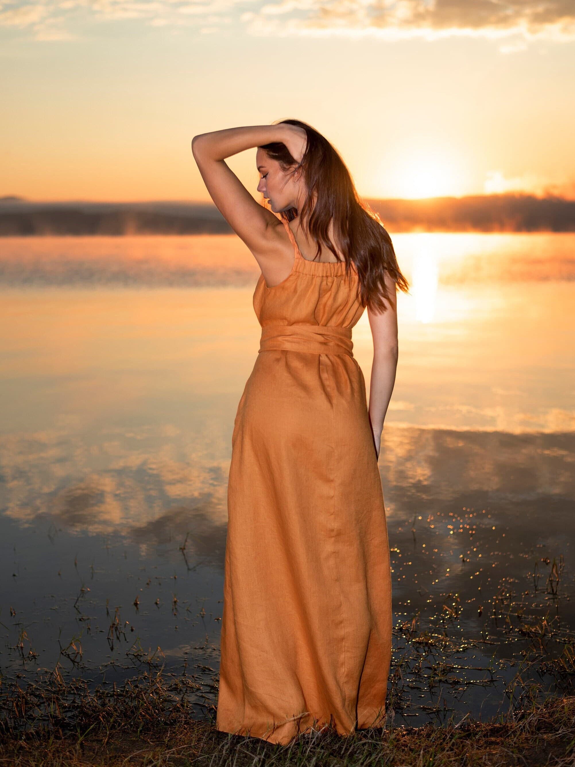 Long Linen Maxi Slip Dress, Spaghetti Strap Dress  with belt - image 5