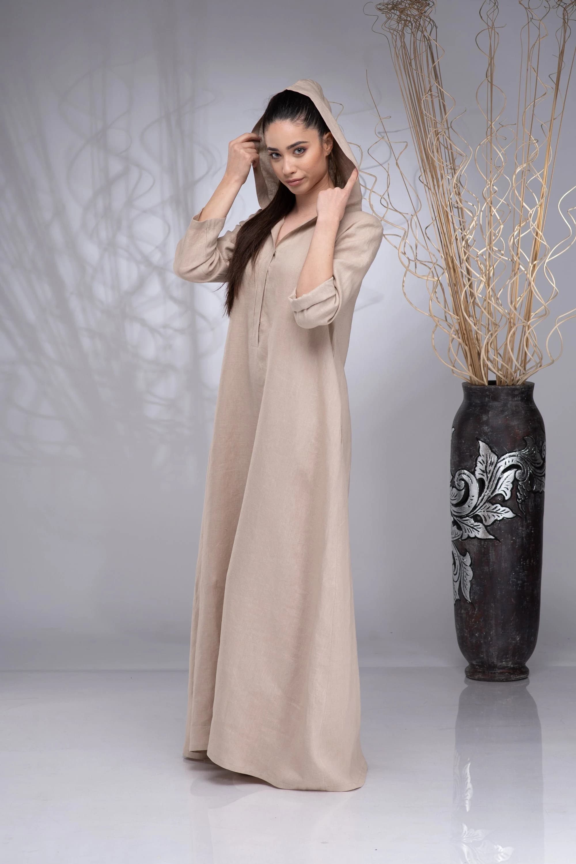 Linen Maxi Dress Hooded, Summer Hoodie Dress Plus Size