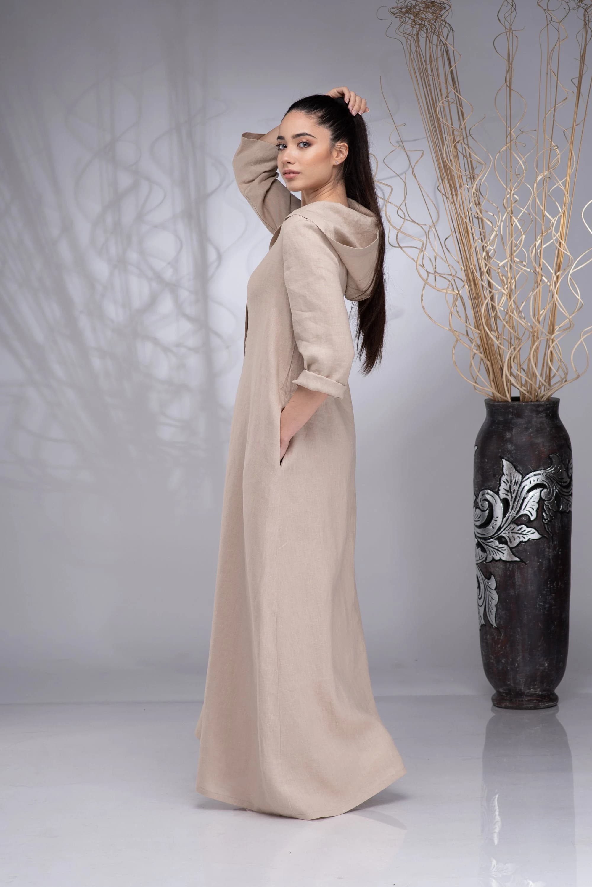 Linen Maxi Dress Hooded, Summer Hoodie Dress Plus Size - image 4