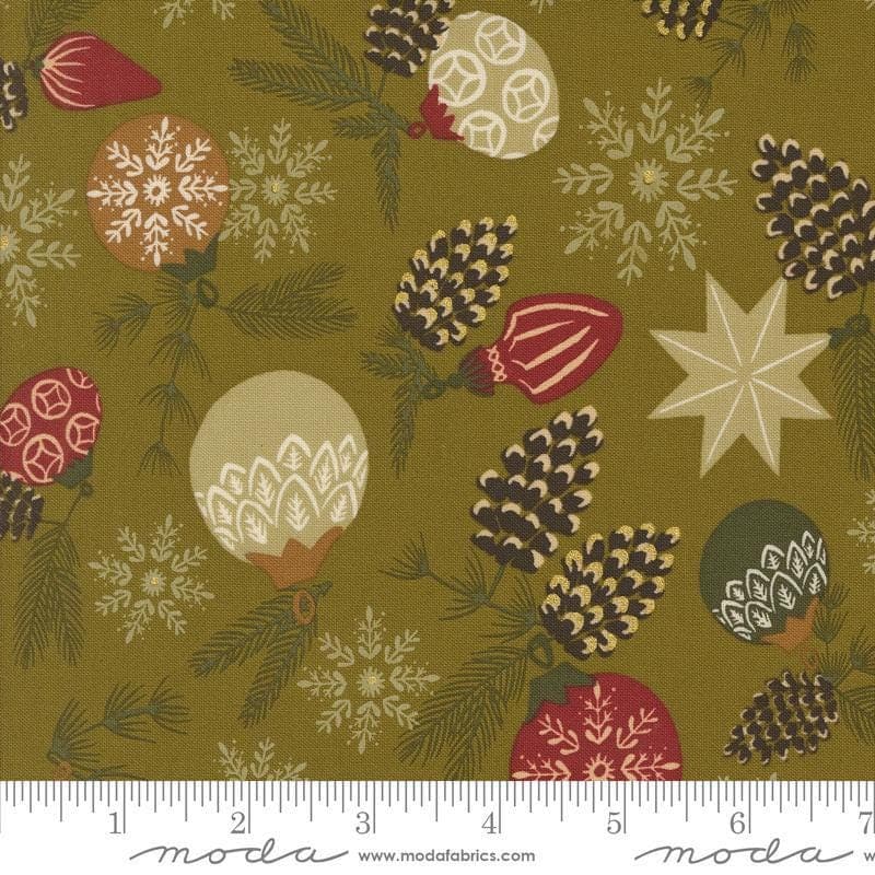 Old World Yuletide Branch and Baubles Pickle Metallic by Fancy That Design House for Moda Fabrics 45621 12M Sold in HALF yard increments