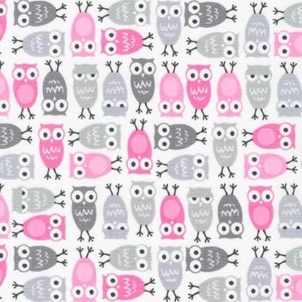 Urban Zoologie Minis by Robert Kaufman fabrics, AAK-15310-10 PINK pink and grey owls on white background.Sold in HALF yard increments