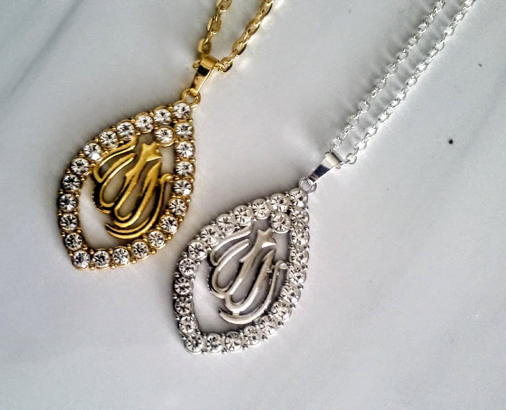 Allah Rhinestone Pendant Necklace: Gold or Silver Finish