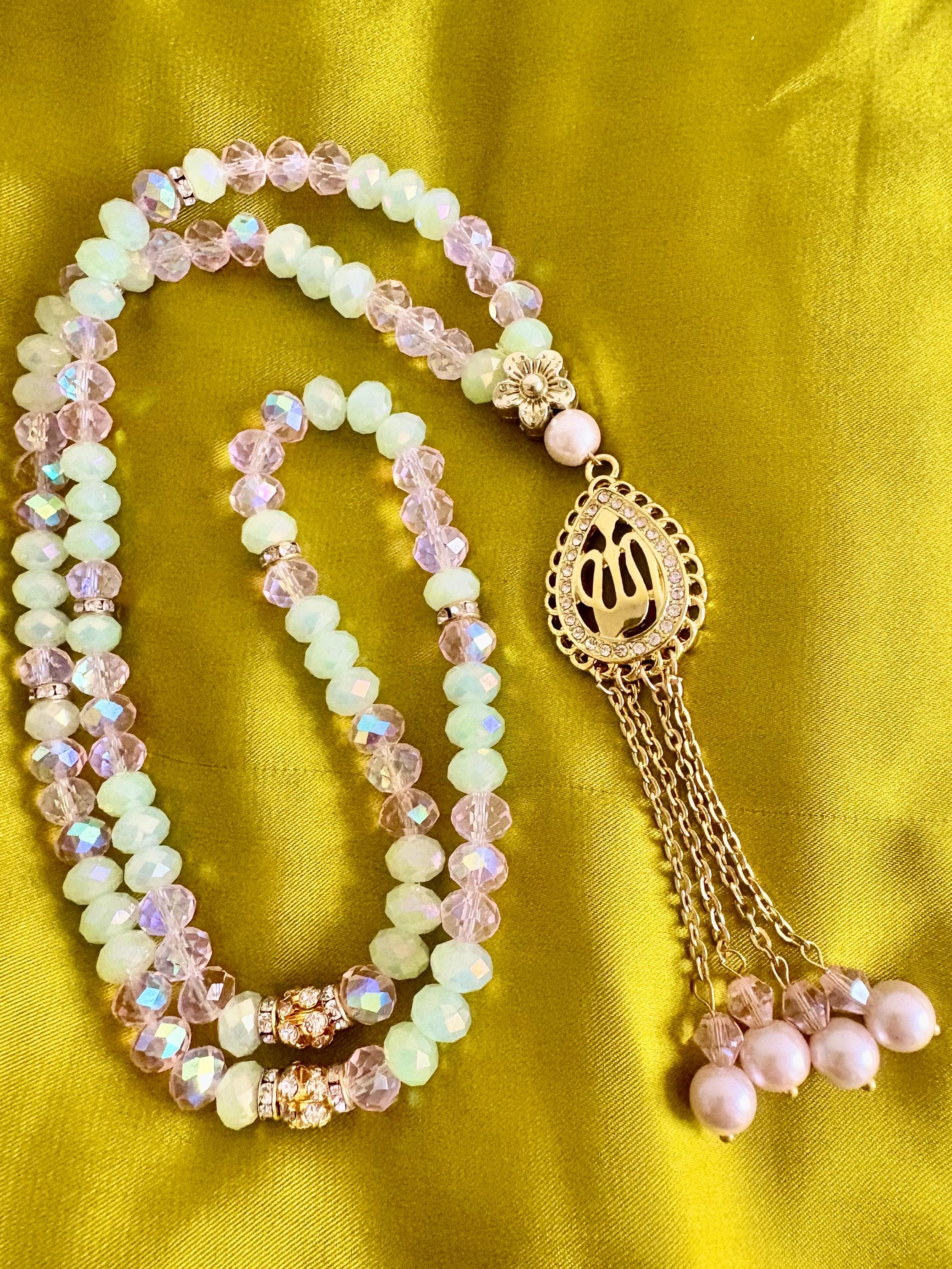 99 Pink & Mint Crystal  with Gold Allah Charm