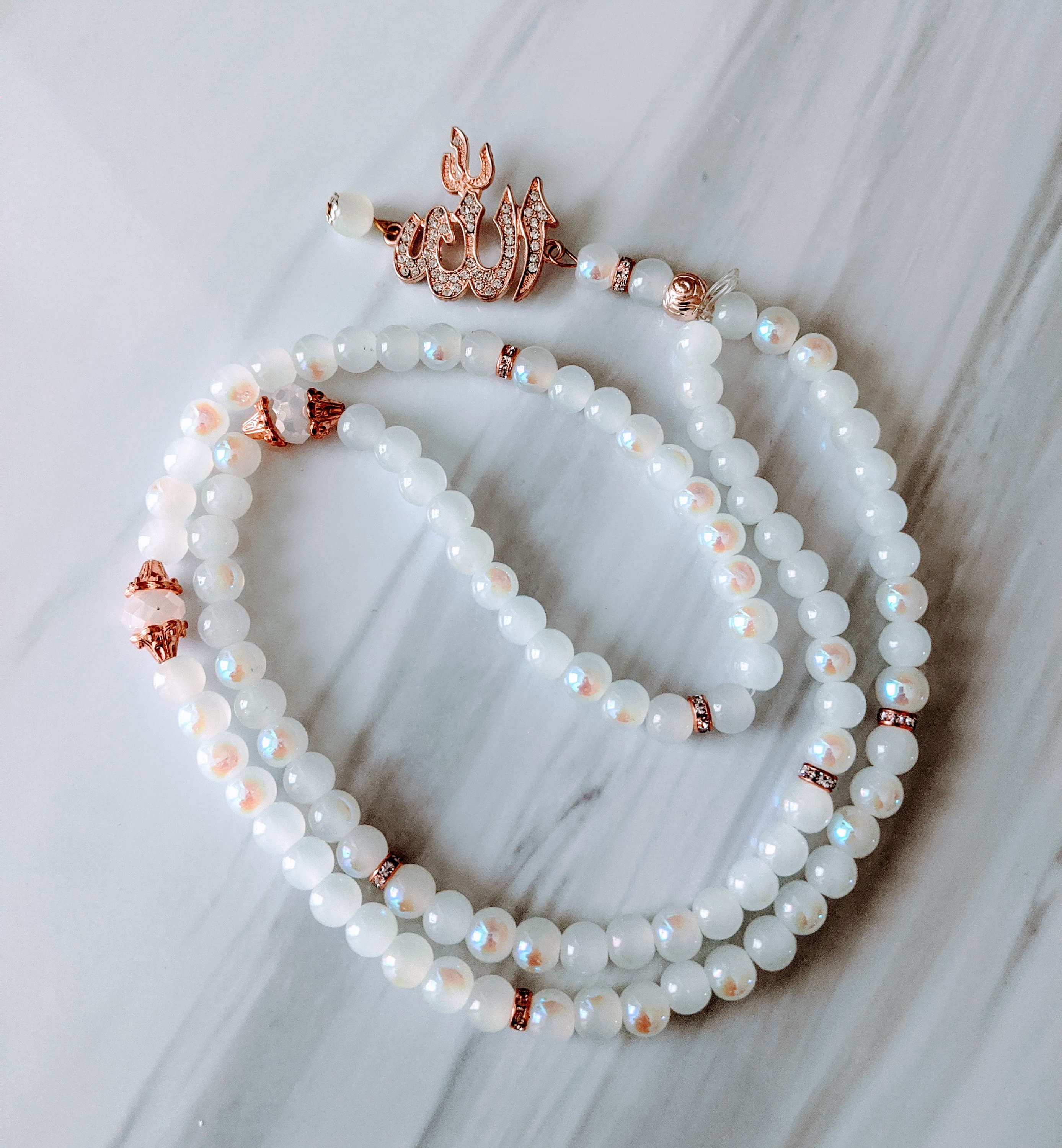 99 Shimmering Moonstone Tasbih Rose Gold Allah Charm & Crystals - image 3