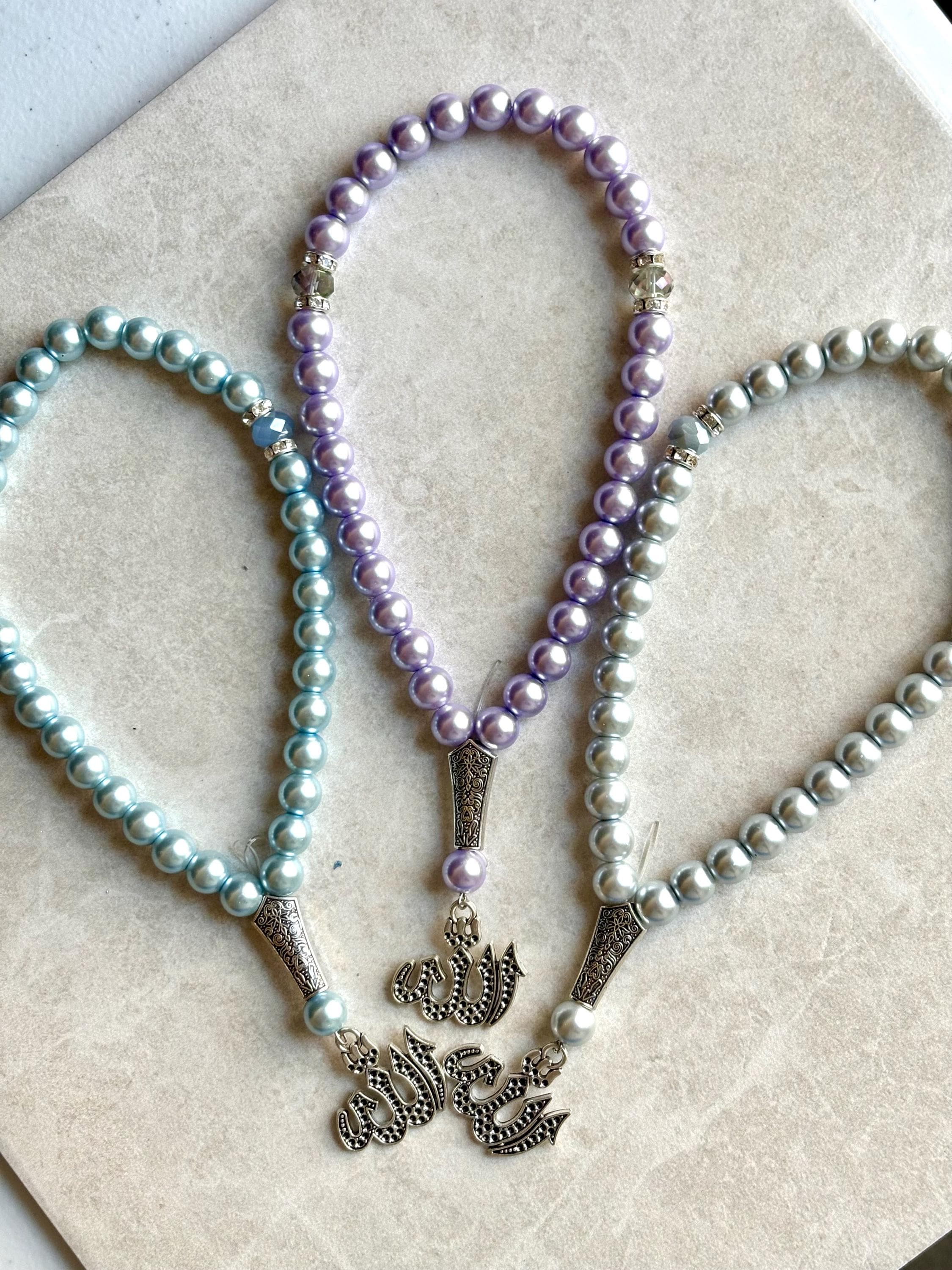33 Pastel Pearl Tasbih: Silver Allah Charm, 10mm Beads