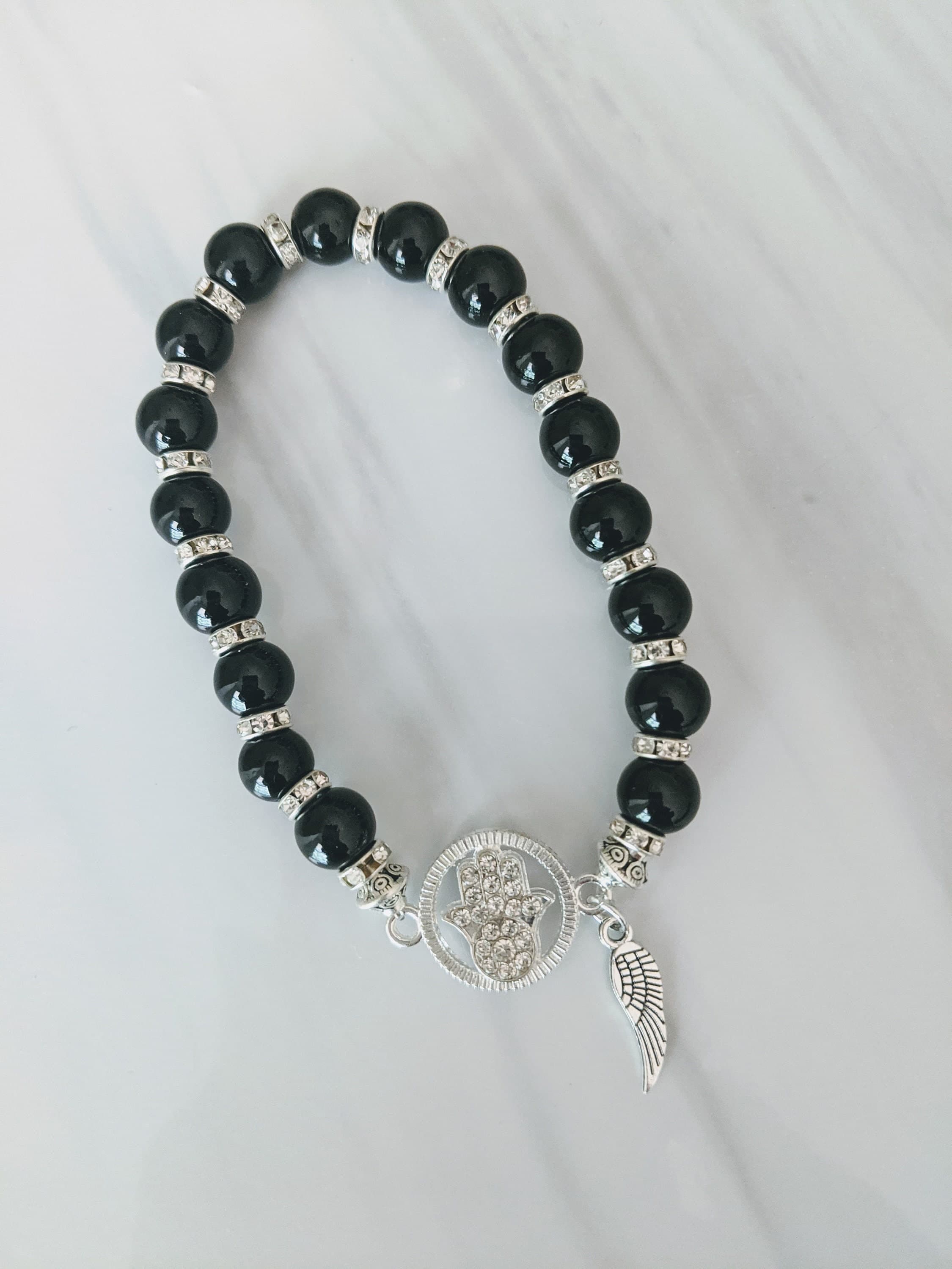 Black Bead Hamsa Bracelet: Rhinestone Spacers, Angel Wing Charm - image 5