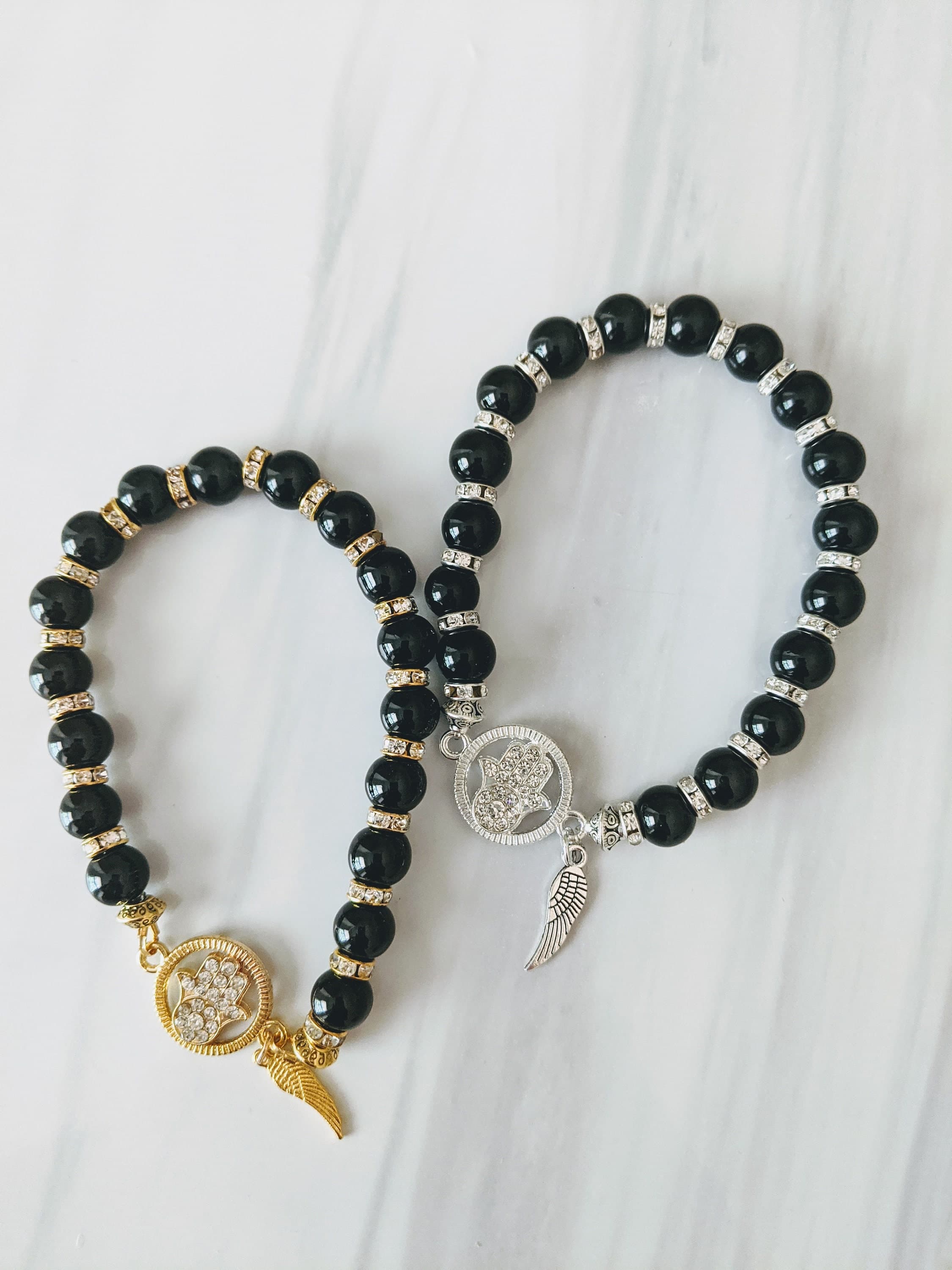 Black Bead Hamsa Bracelet: Rhinestone Spacers, Angel Wing Charm - image 3