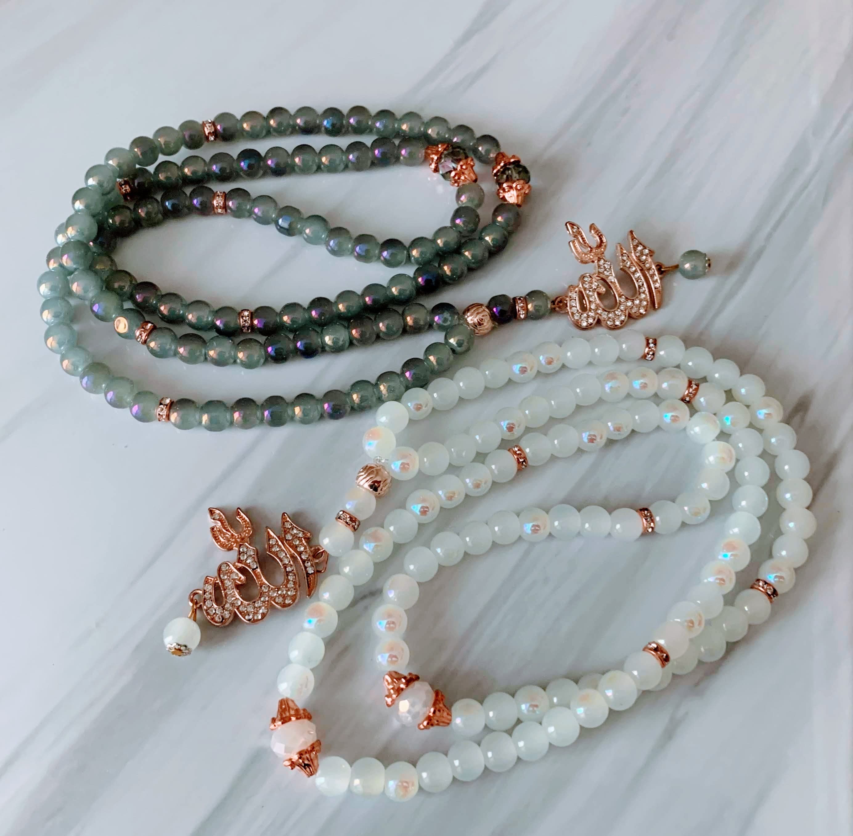 99 Shimmering Moonstone Tasbih Rose Gold Allah Charm & Crystals