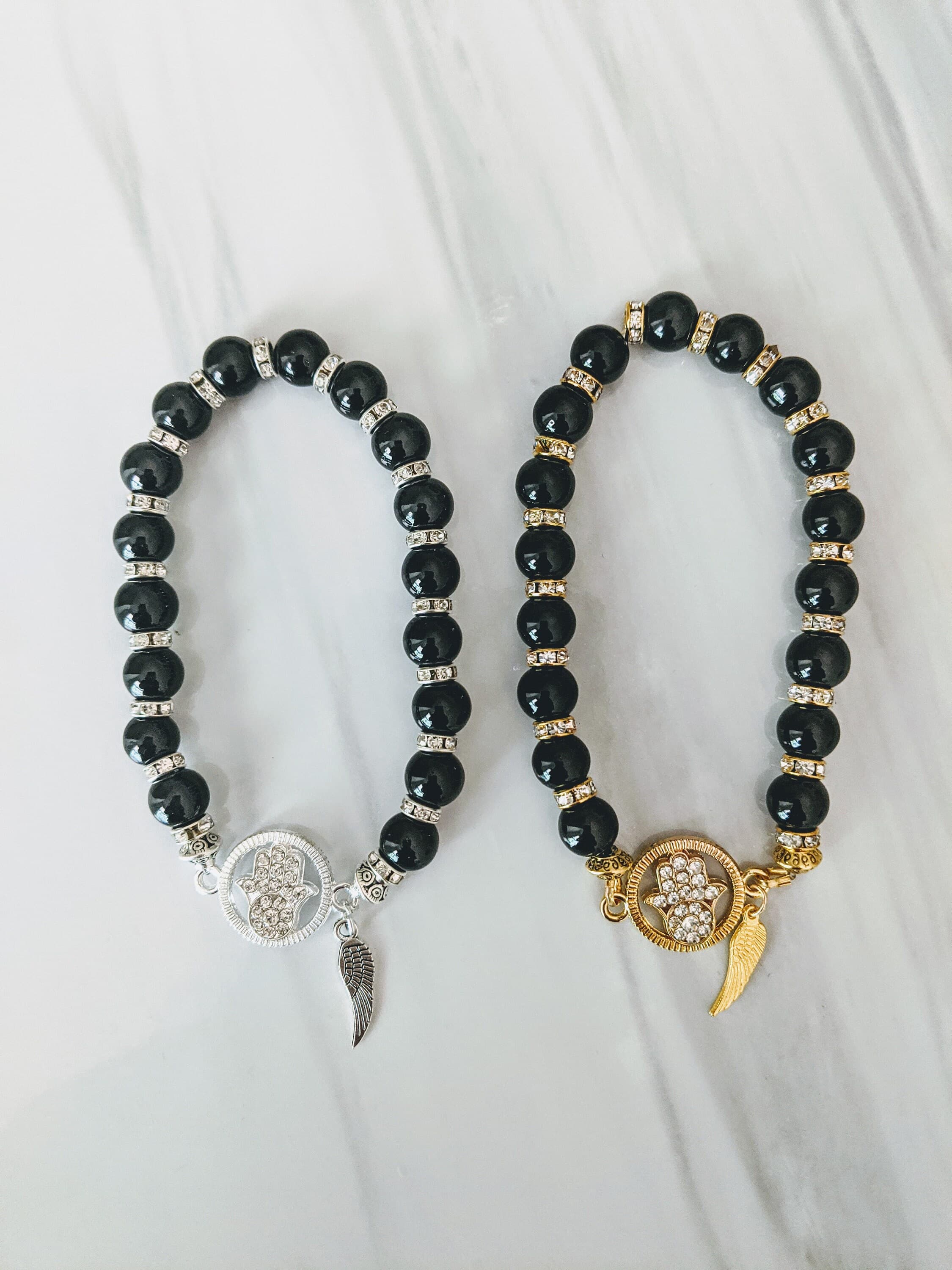 Black Bead Hamsa Bracelet: Rhinestone Spacers, Angel Wing Charm - image 4