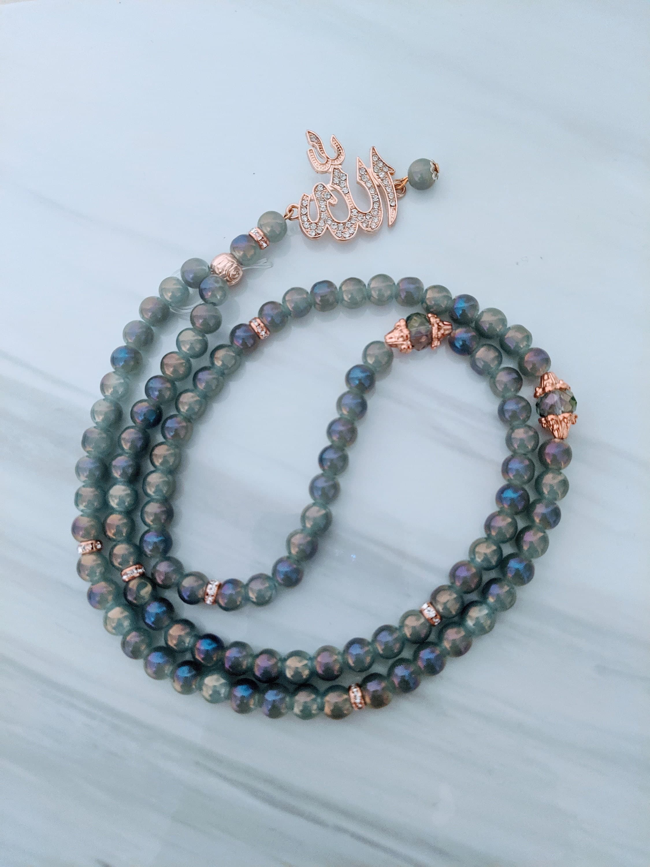 99 Shimmering Moonstone Tasbih Rose Gold Allah Charm & Crystals - image 4
