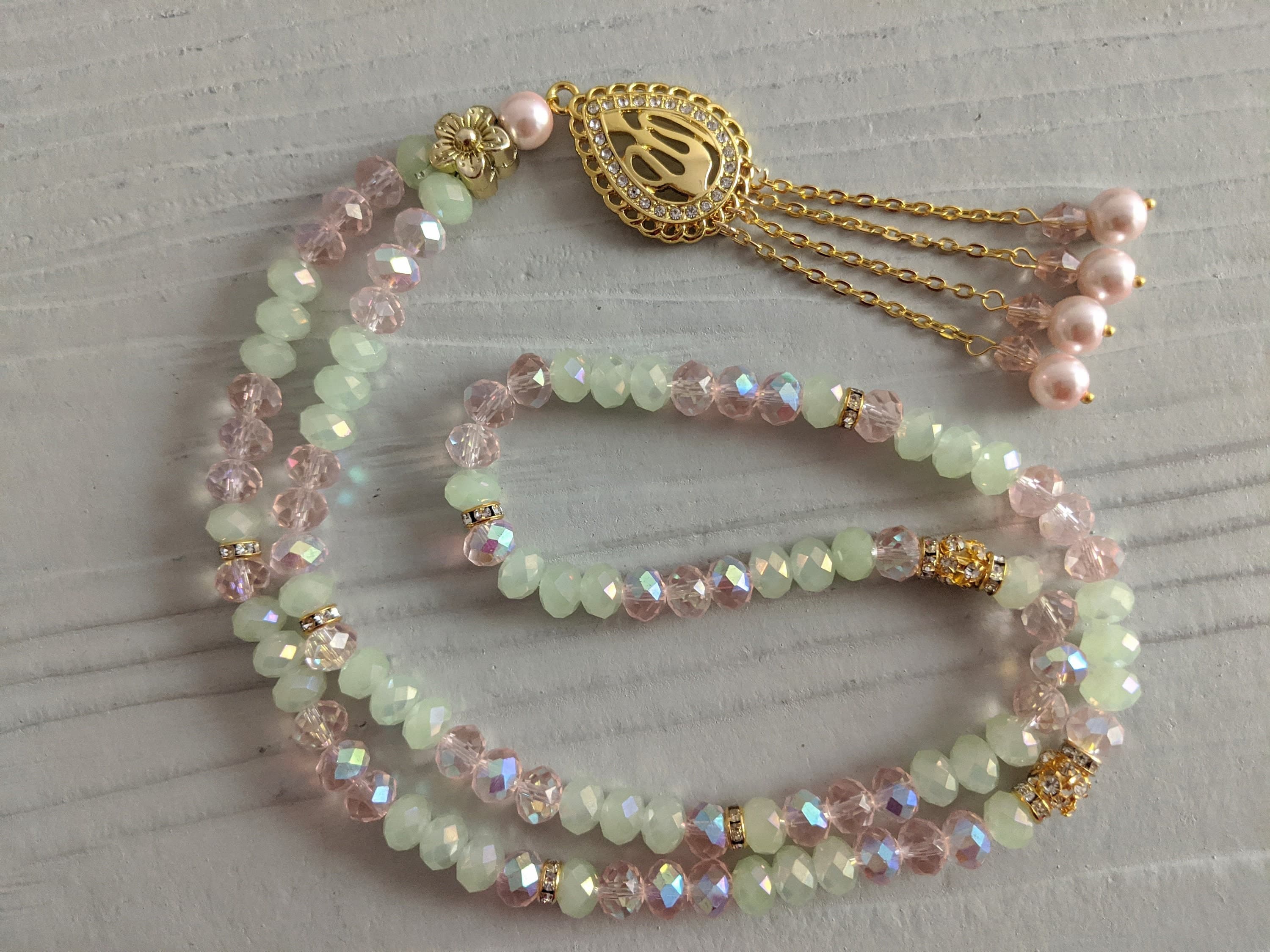 99 Pink & Mint Crystal  with Gold Allah Charm - image 3