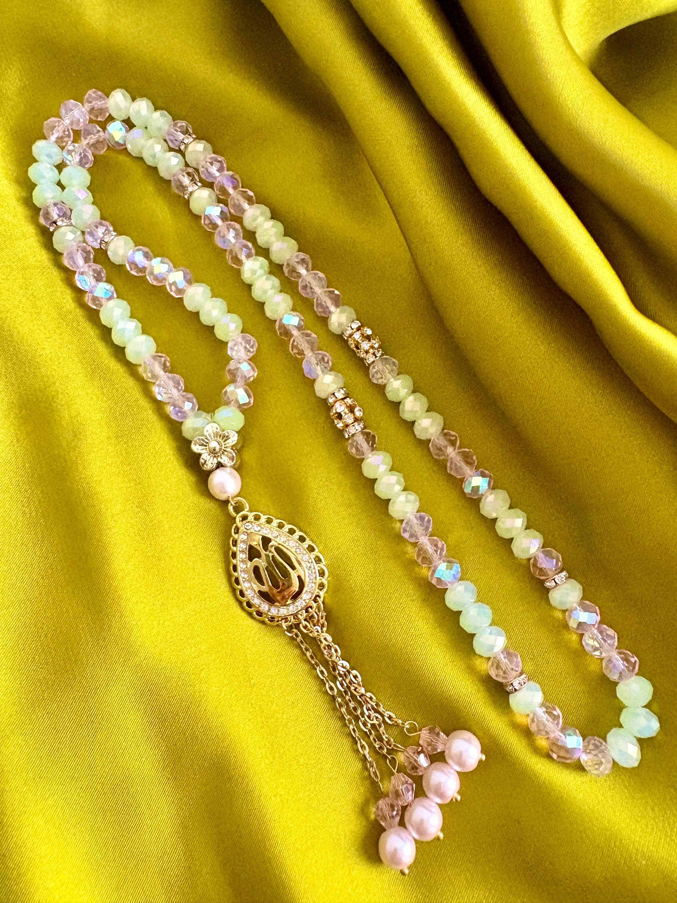 99 Pink & Mint Crystal  with Gold Allah Charm - image 4