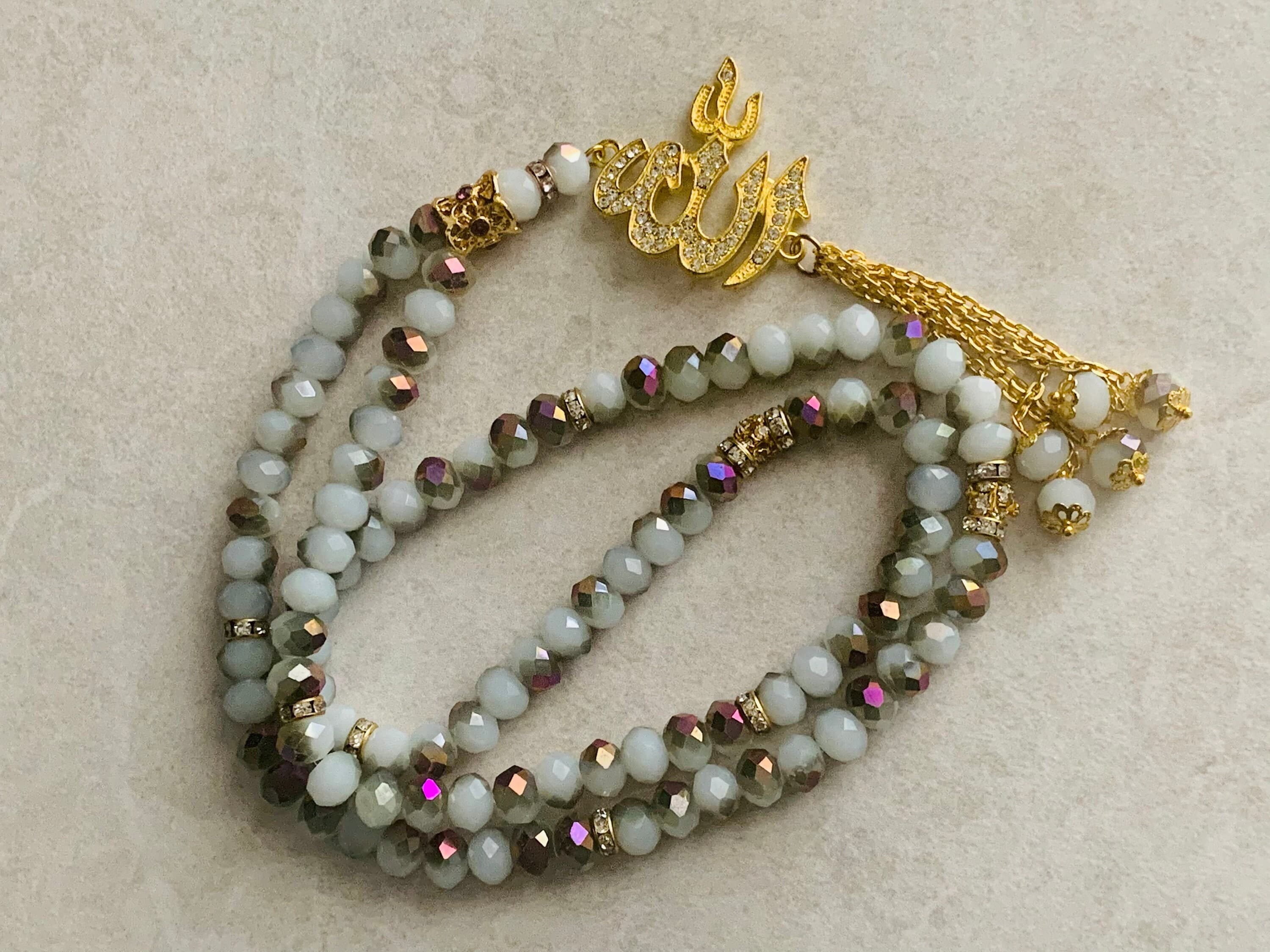 99 Crystal Tasbih Golden Allah Charm & Chain Tassel