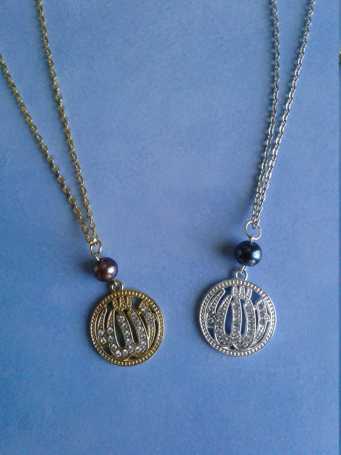 Rhinestone Allah Charm Necklace: Pearl Accent, Customizable Chain