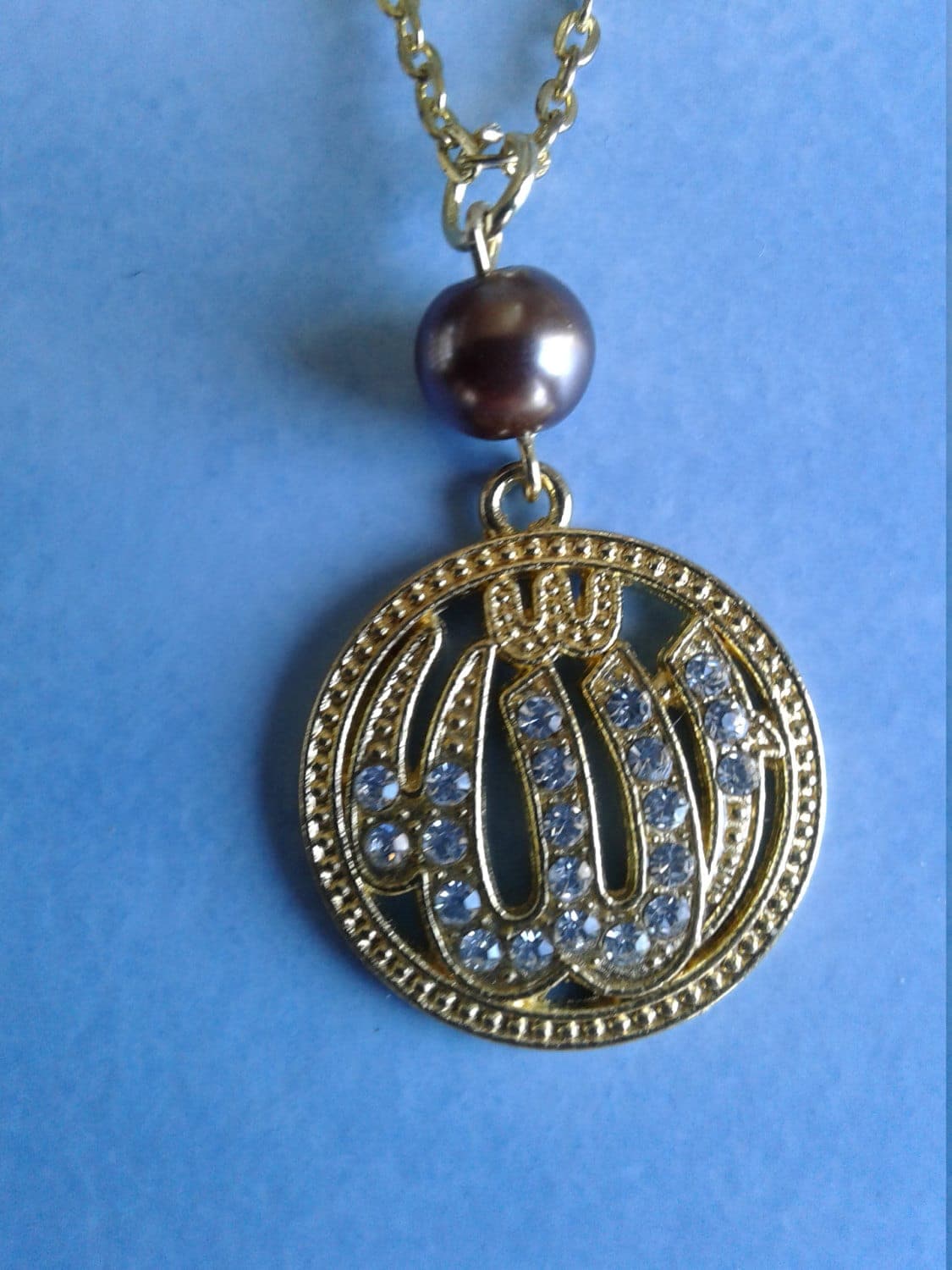 Rhinestone Allah Charm Necklace: Pearl Accent, Customizable Chain - image 3