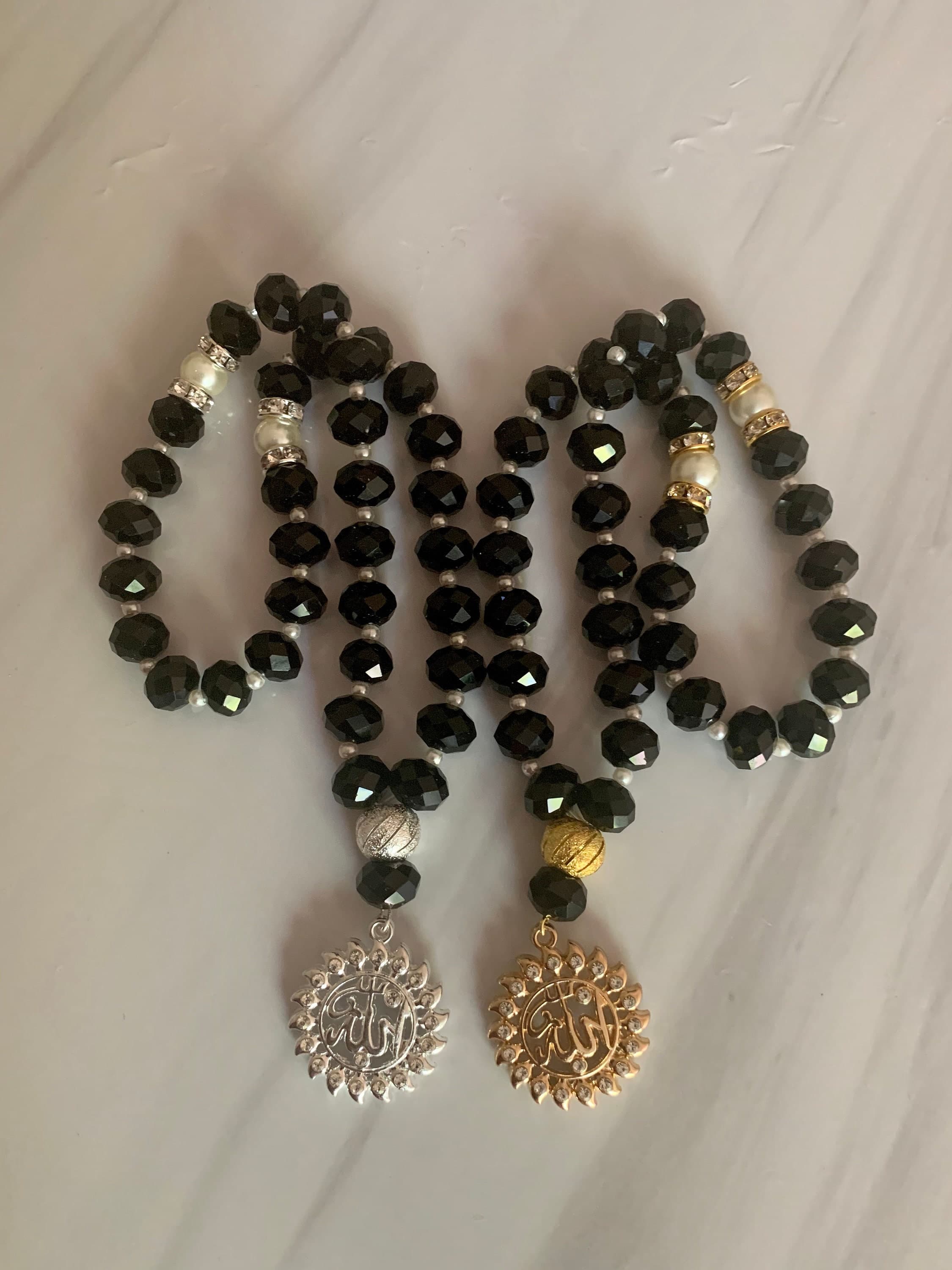 33 White pearl and black crystal Tasbih