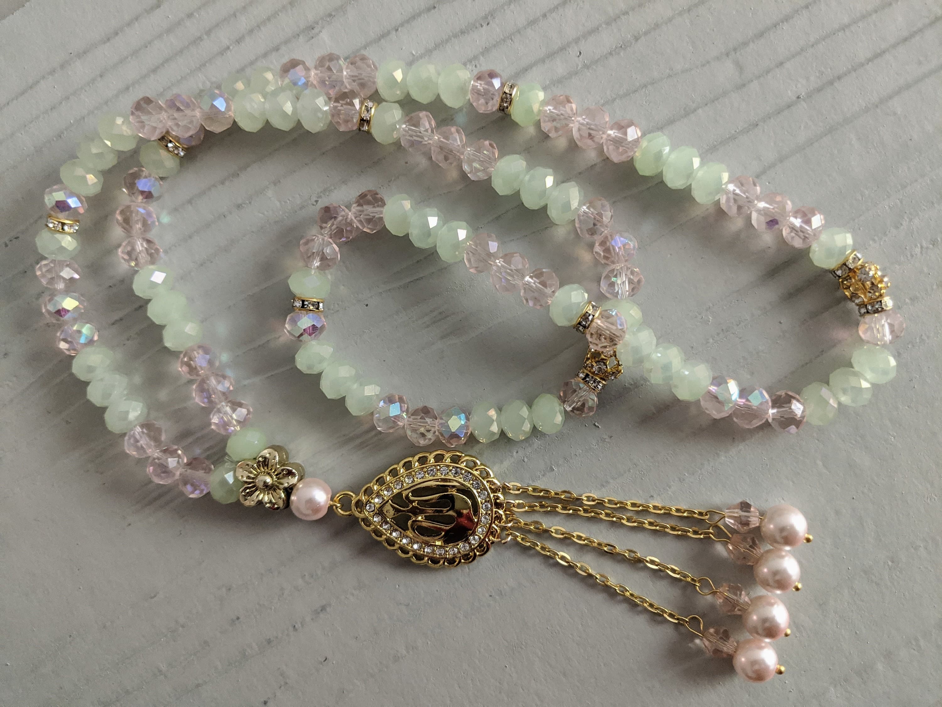 99 Pink & Mint Crystal  with Gold Allah Charm - image 5