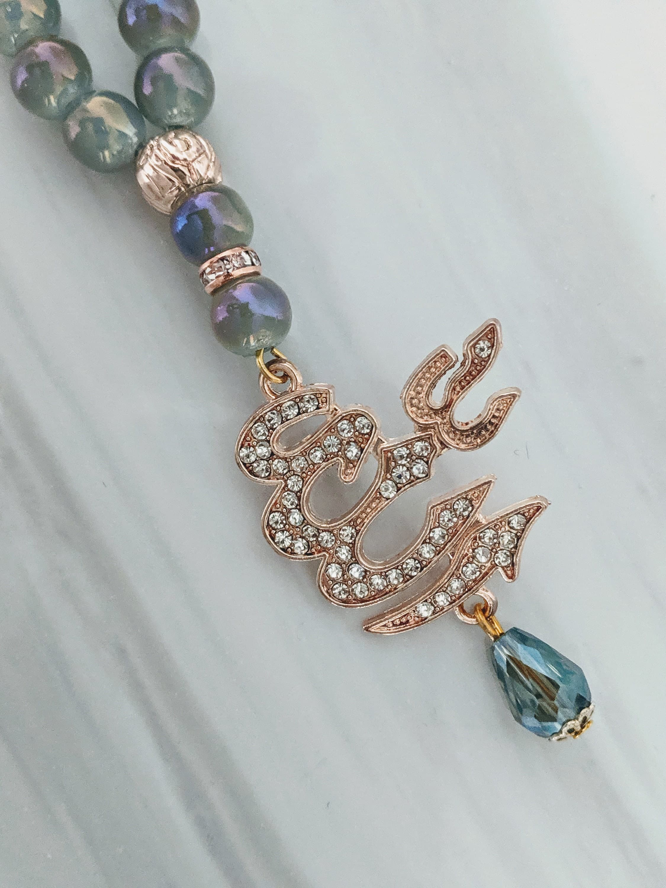 99 Shimmering Moonstone Tasbih Rose Gold Allah Charm & Crystals - image 5
