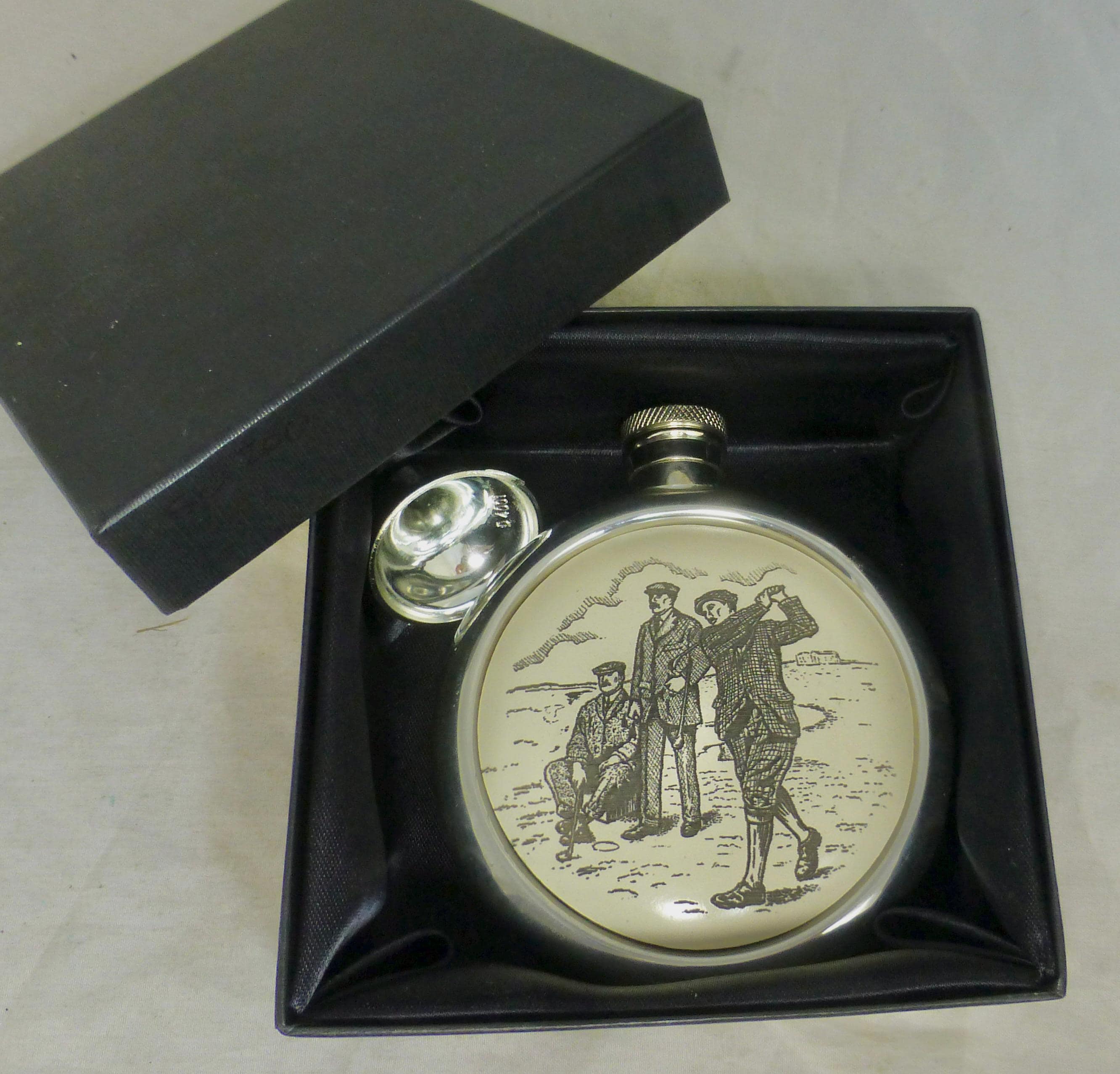 Celtic Pewter Golf Hip Flask with Funnel 4.25in H in Gift Box – Golfer Taking a Shot on Scrimshaw Style Roundel - BNIB condition - Golf gift