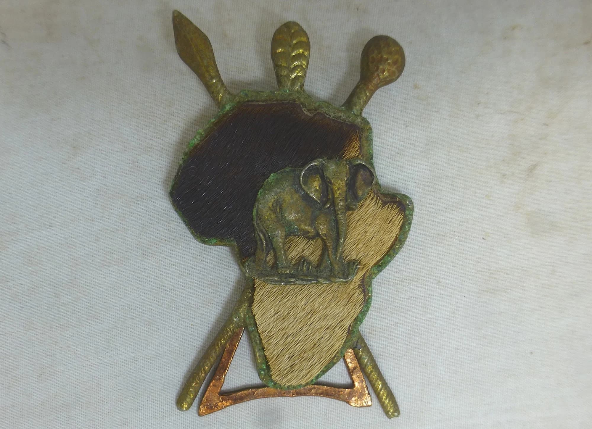 Vintage Rare Africa Simba Handmade Souvenir with Elephant on African Continent Shaped Brass Shield with Stand - 2.75 in H - African Ornament