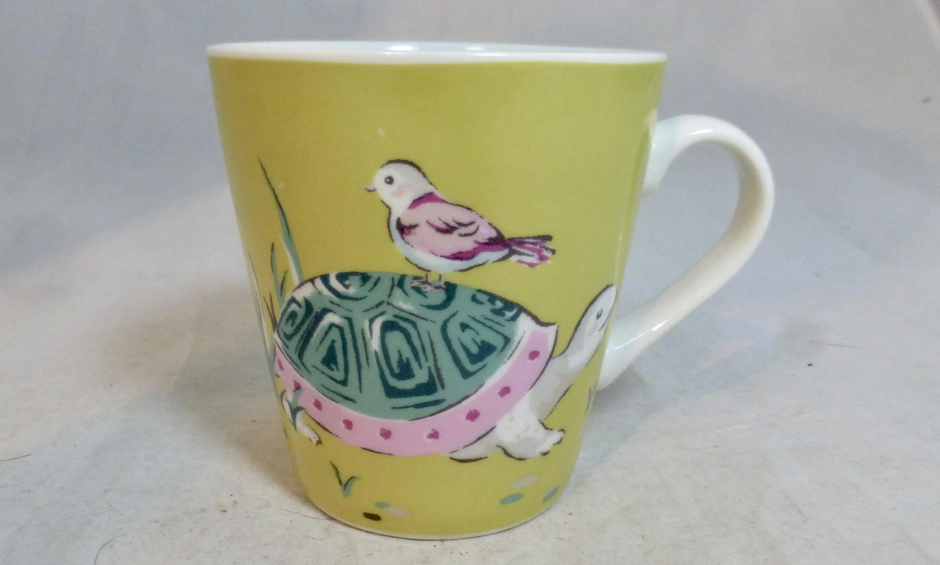 Cath Kidston Happy Tortoise and Bird Pastel Yellow Stanley Porcelain Mug – Curved Sides Genuine CK Animal Design – Iconic English Cup Gift