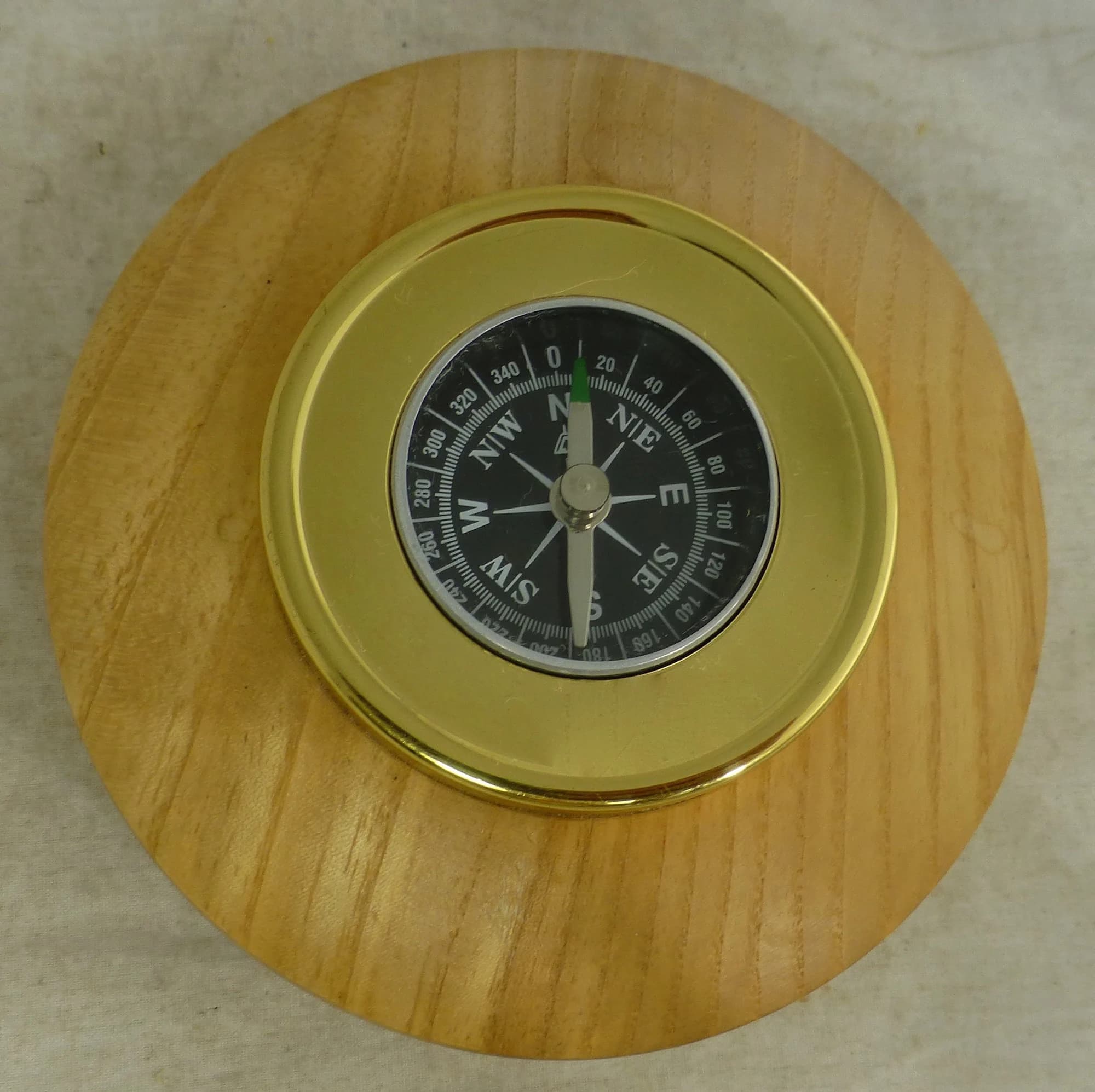 Vintage Table Top Compass in Turned Wood & Brass Casing by Ray Gillings Woodturner - 4 in D - Navigation Desk Compass Paperweight with Label - image 3
