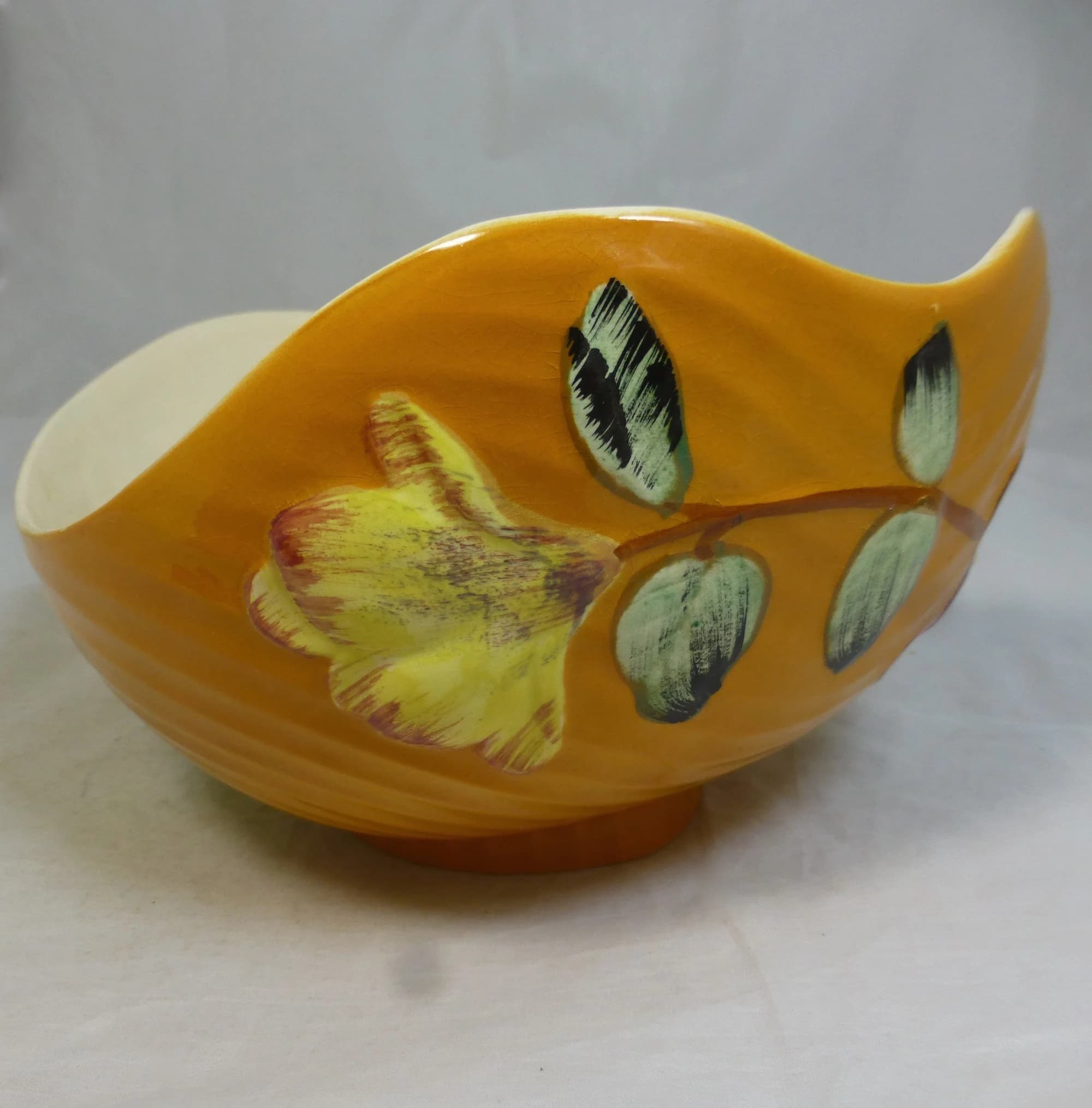 Vintage Shorter & Son Ltd Majolica Floral Harmony Asymmetric Boat Bowl - Hand Painted Relief Flowers - Decorative Dish 9.75 inch W - England