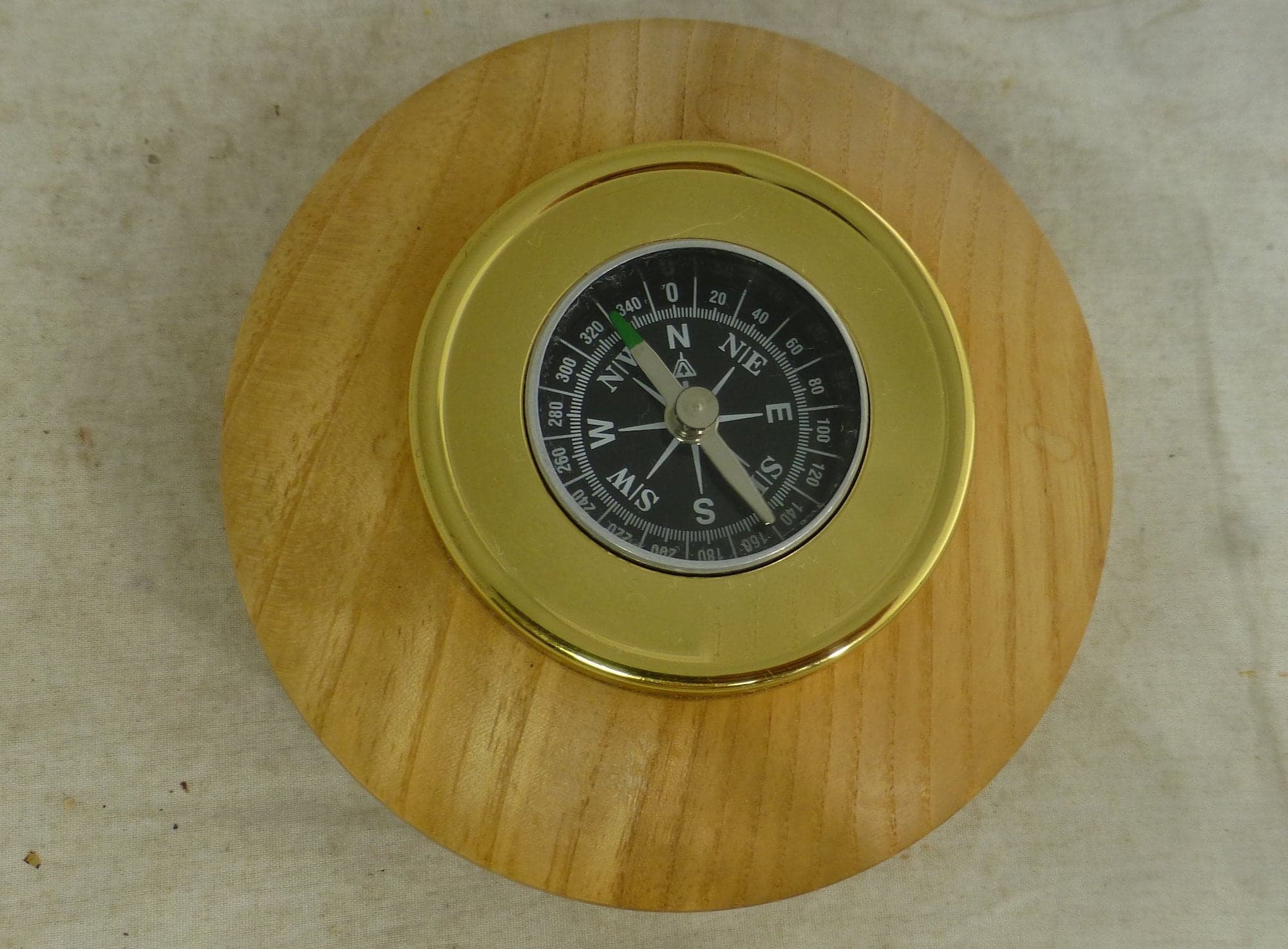 Vintage Table Top Compass in Turned Wood & Brass Casing by Ray Gillings Woodturner - 4 in D - Navigation Desk Compass Paperweight with Label