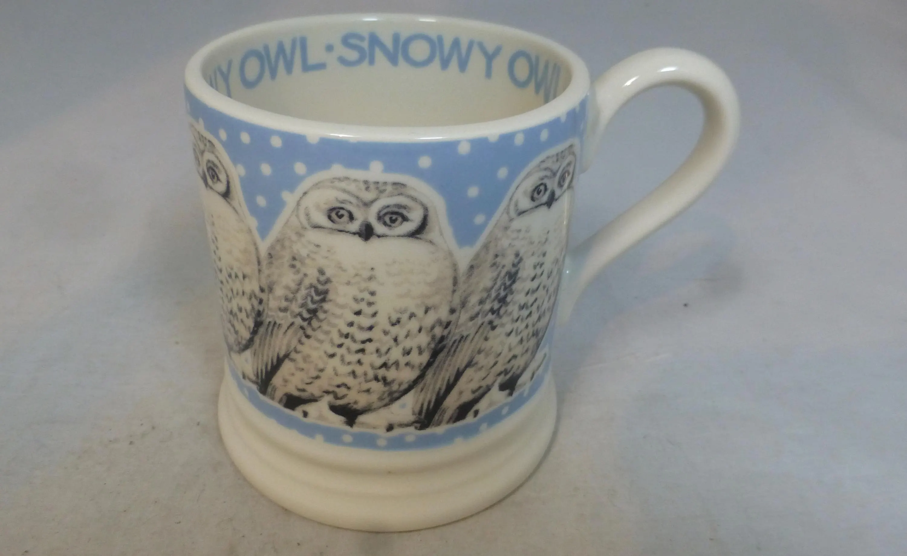 Emma Bridgewater Snowy Owl Bird in a Snowstorm Half Pint Tankard Porcelain Mug – Winter Owl Birds in Snow – England Map Stamp - VGC