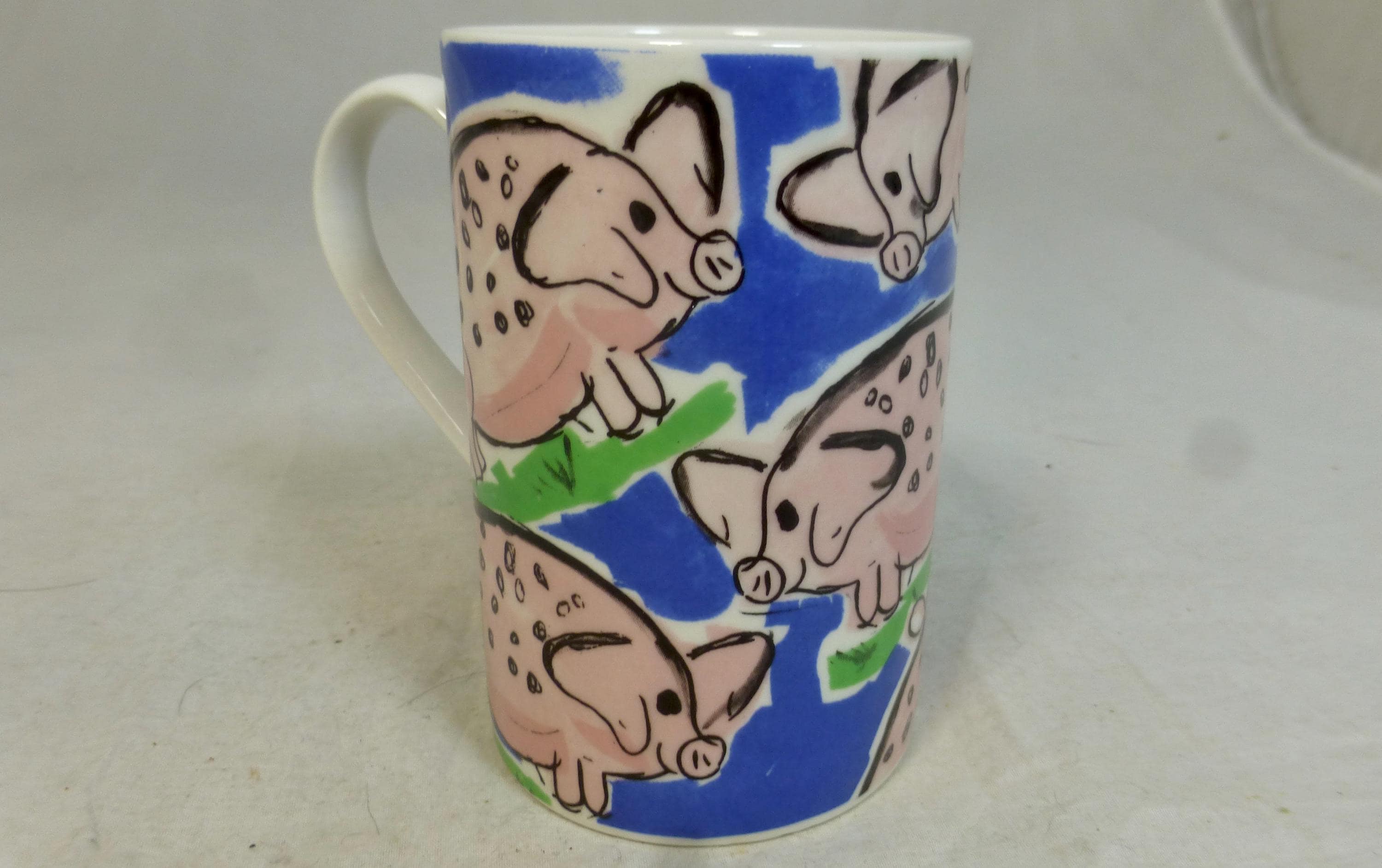 Vintage Dunoon Animal Farm Pigs Blue Scottish Stoneware Mug - Hand Painted Pink Pig Pattern - Jane Brookshaw design - Made in Scotland