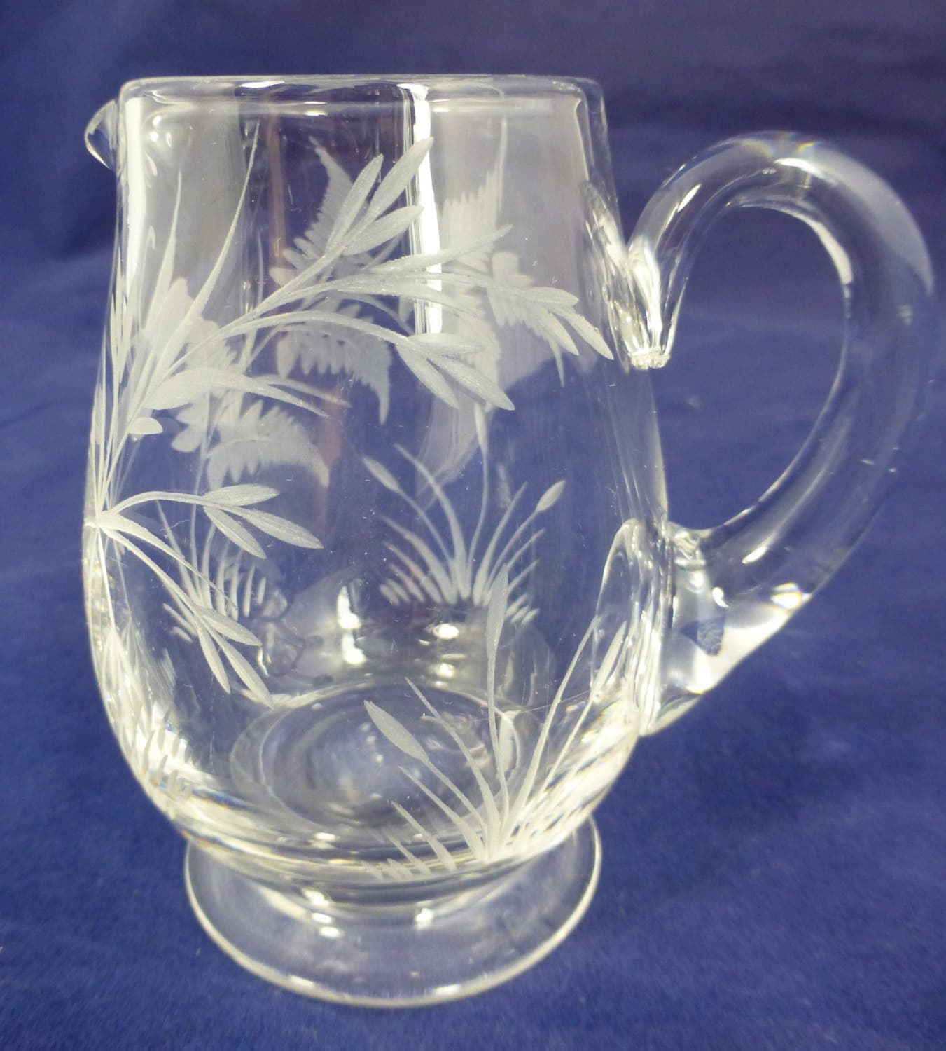 Vintage Crystal Hand Engraved Milk Jug / Creamer / Small pitcher with Beautiful design of Grass, Fern and Butterfly - Collectible glass jug
