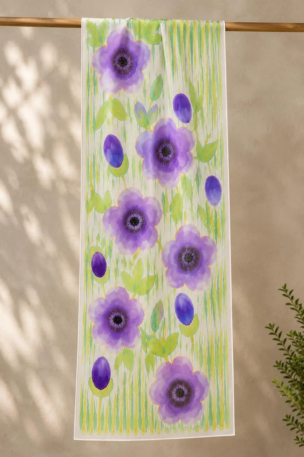 Hand-Painted Pure Silk Scarf – Purple Floral  | Luxury Handmade Silk Wrap | Wearable Art Gift for Women- Purple Bloom - image 4