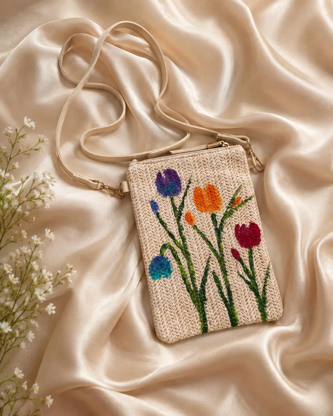 Hand-Painted Multi Color Tulips Straw Crossbody Bag - image 4