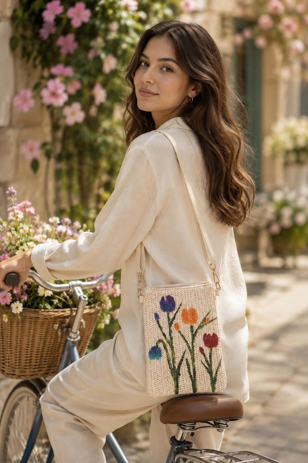 Hand-Painted Multi Color Tulips Straw Crossbody Bag - image 3