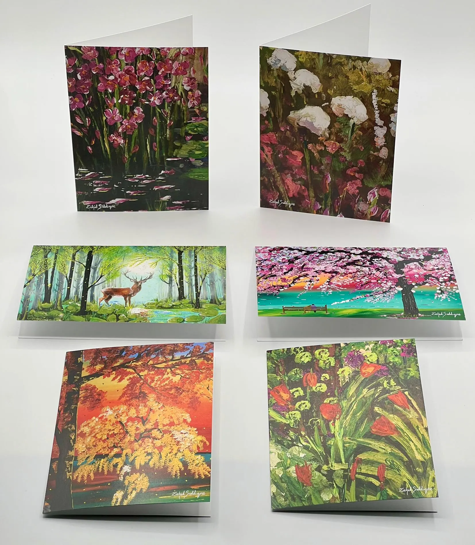SET (Pack) of 6 different GREETING CARDS Printed from Original Acrylic Paintings, Hand-Painted Moments – Now on Cards. Blank Inside,5"X7"