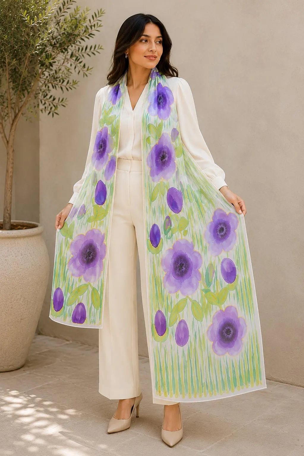 Hand-Painted Pure Silk Scarf – Purple Floral  | Luxury Handmade Silk Wrap | Wearable Art Gift for Women- Purple Bloom