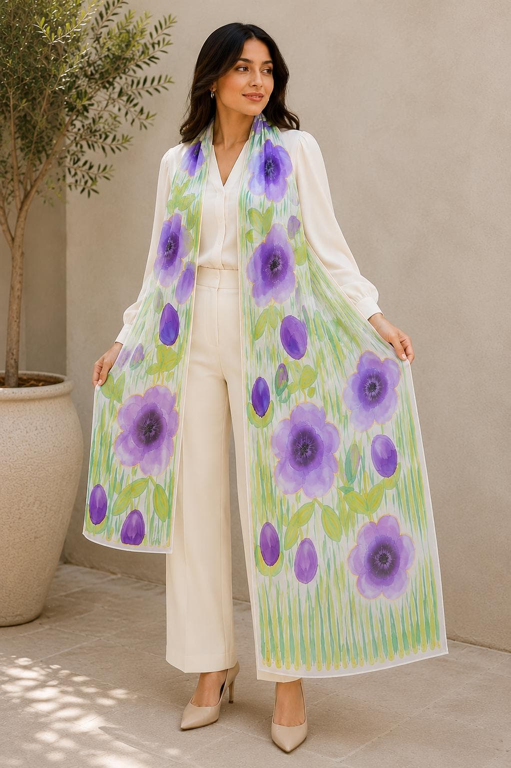 Hand-Painted Pure Silk Scarf – Purple Floral  | Luxury Handmade Silk Wrap | Wearable Art Gift for Women- Purple Bloom - image 3