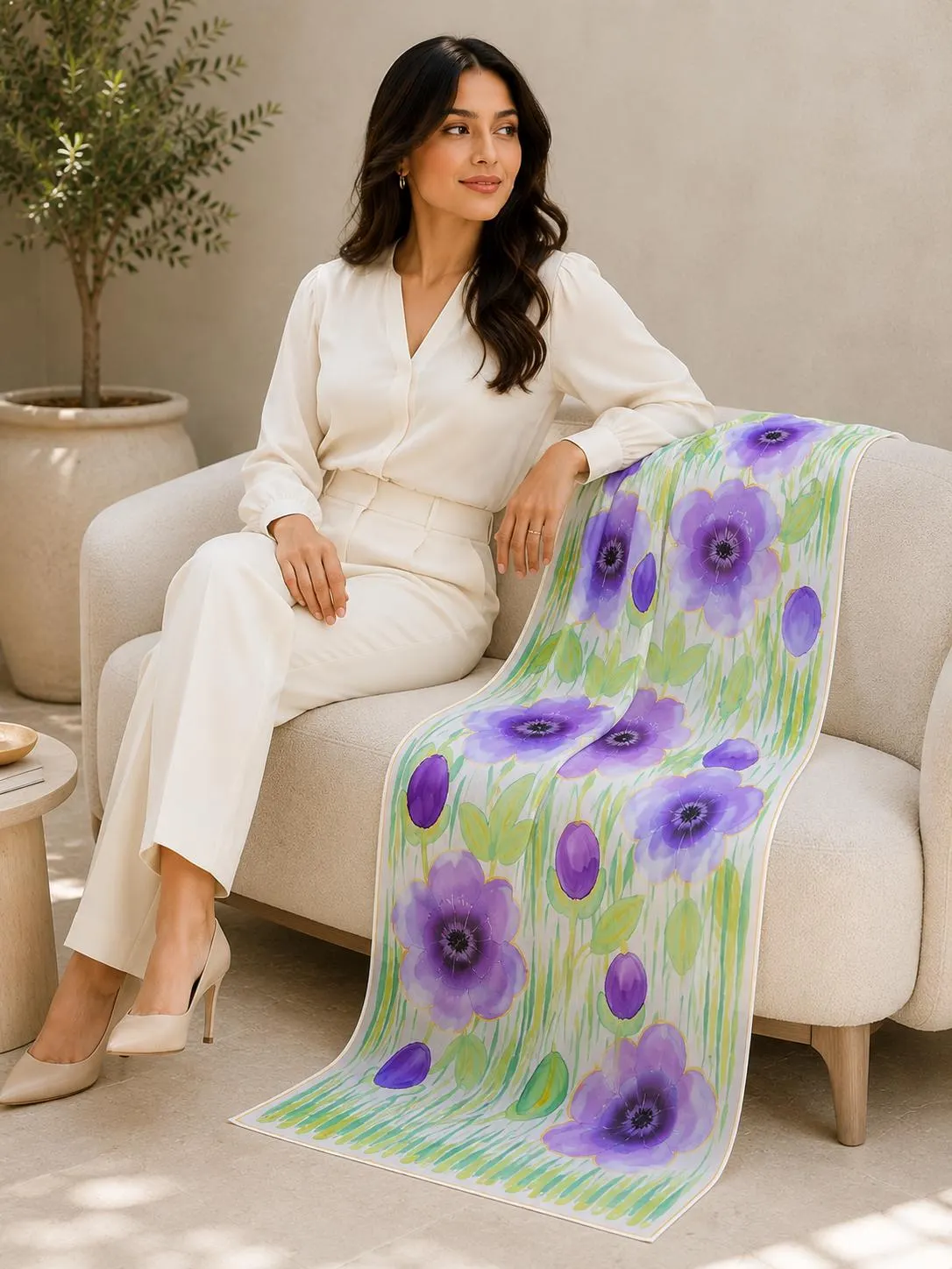 Hand-Painted Pure Silk Scarf – Purple Floral  | Luxury Handmade Silk Wrap | Wearable Art Gift for Women- Purple Bloom - image 2