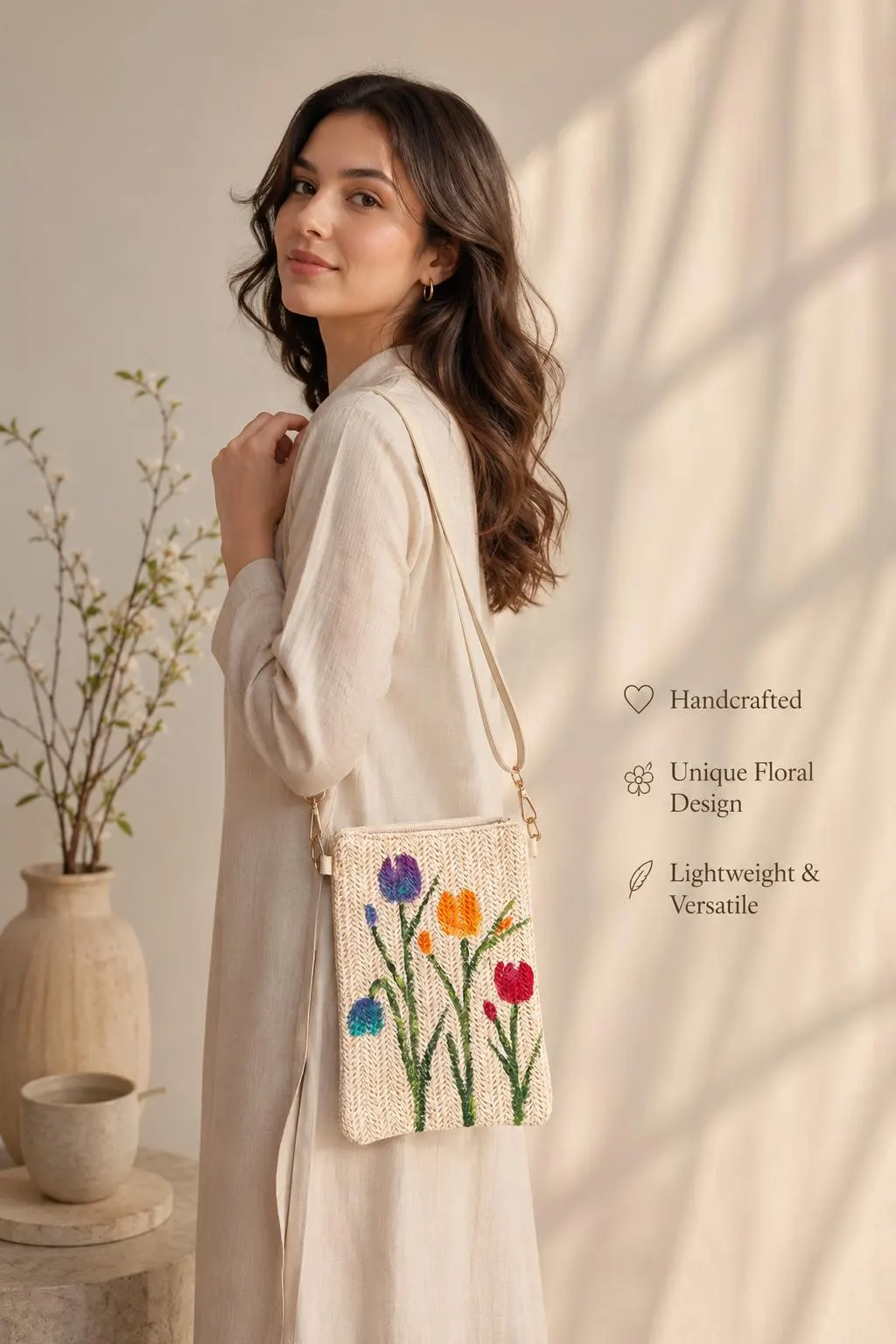 Hand-Painted Multi Color Tulips Straw Crossbody Bag - image 2