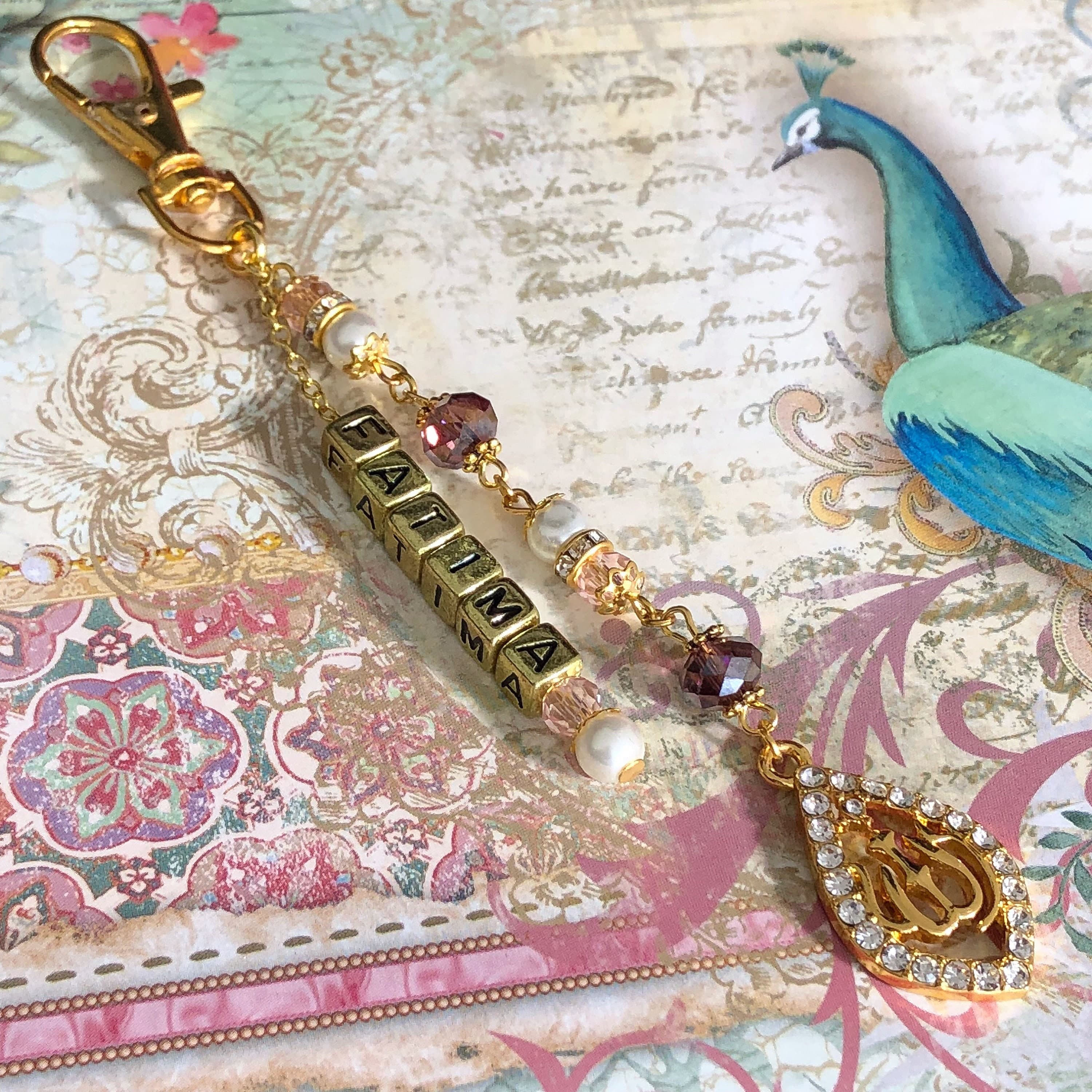 Personalised keychains with glass crystal beads, glass pearls & gold plated Allah pendant.