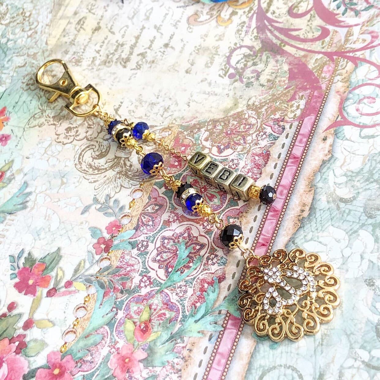 Personalised keychains with glass crystal beads, glass pearls & gold plated Allah pendant. - image 5