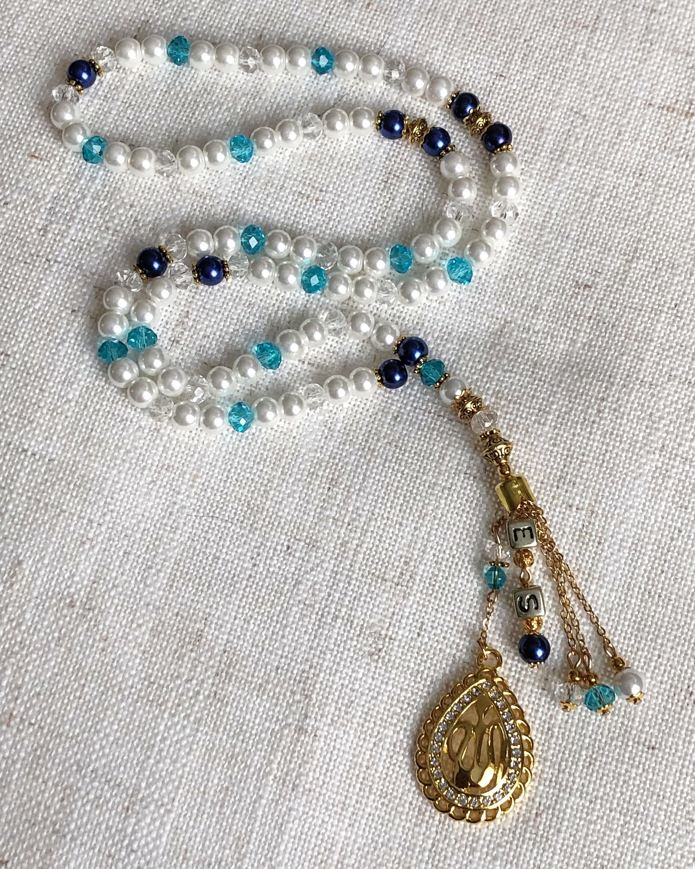 personalised glass pearl & crystal tasbih, tesbih, prayer beads, misbaha. - image 3
