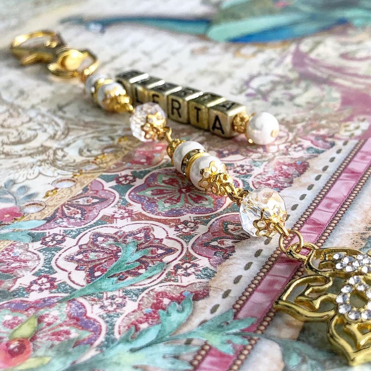 Personalised keychains with glass crystal beads, glass pearls & gold plated Allah pendant. - image 4