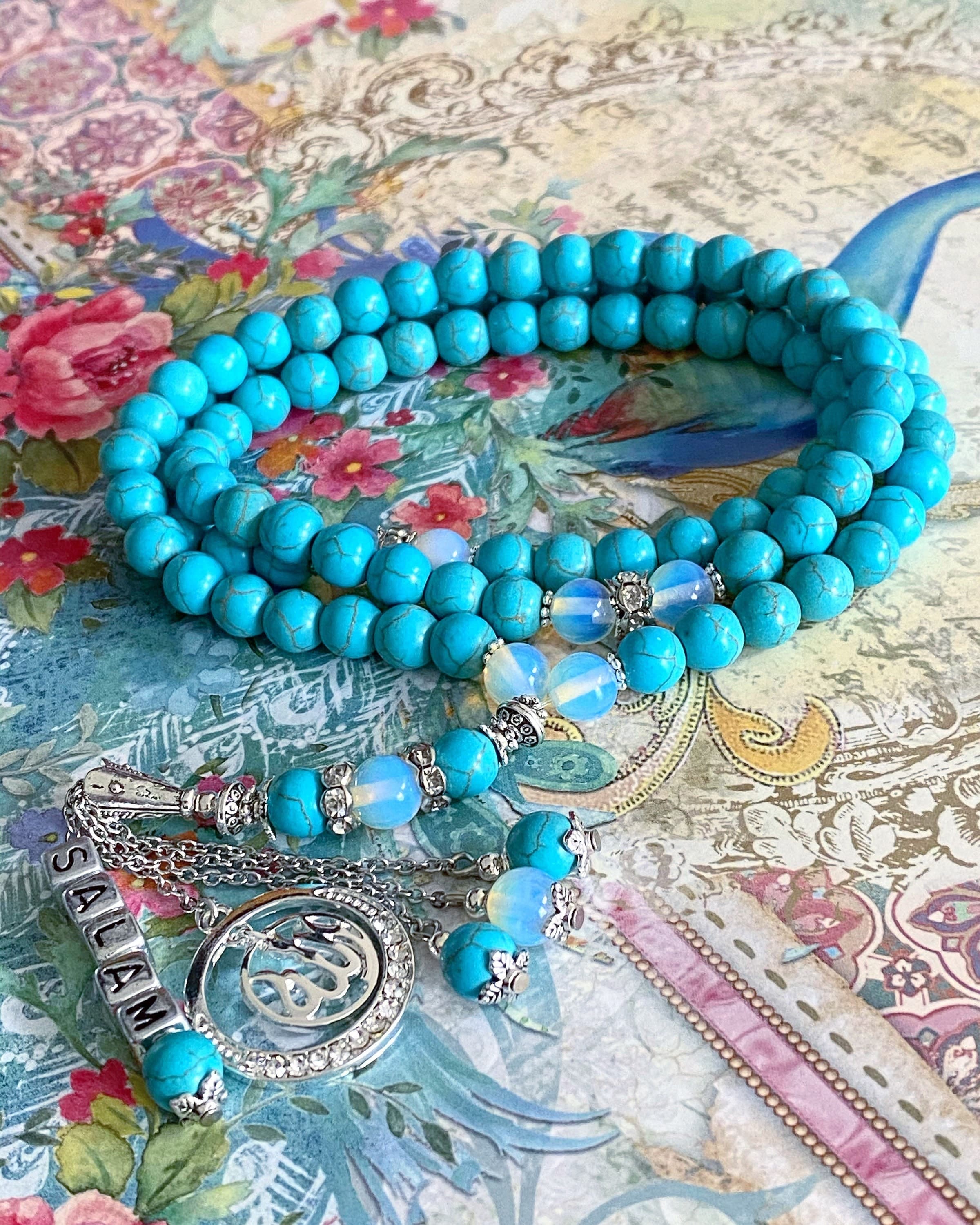 Turquoise stone / cream stone & Opalite tasbih, prayer beads. - image 5