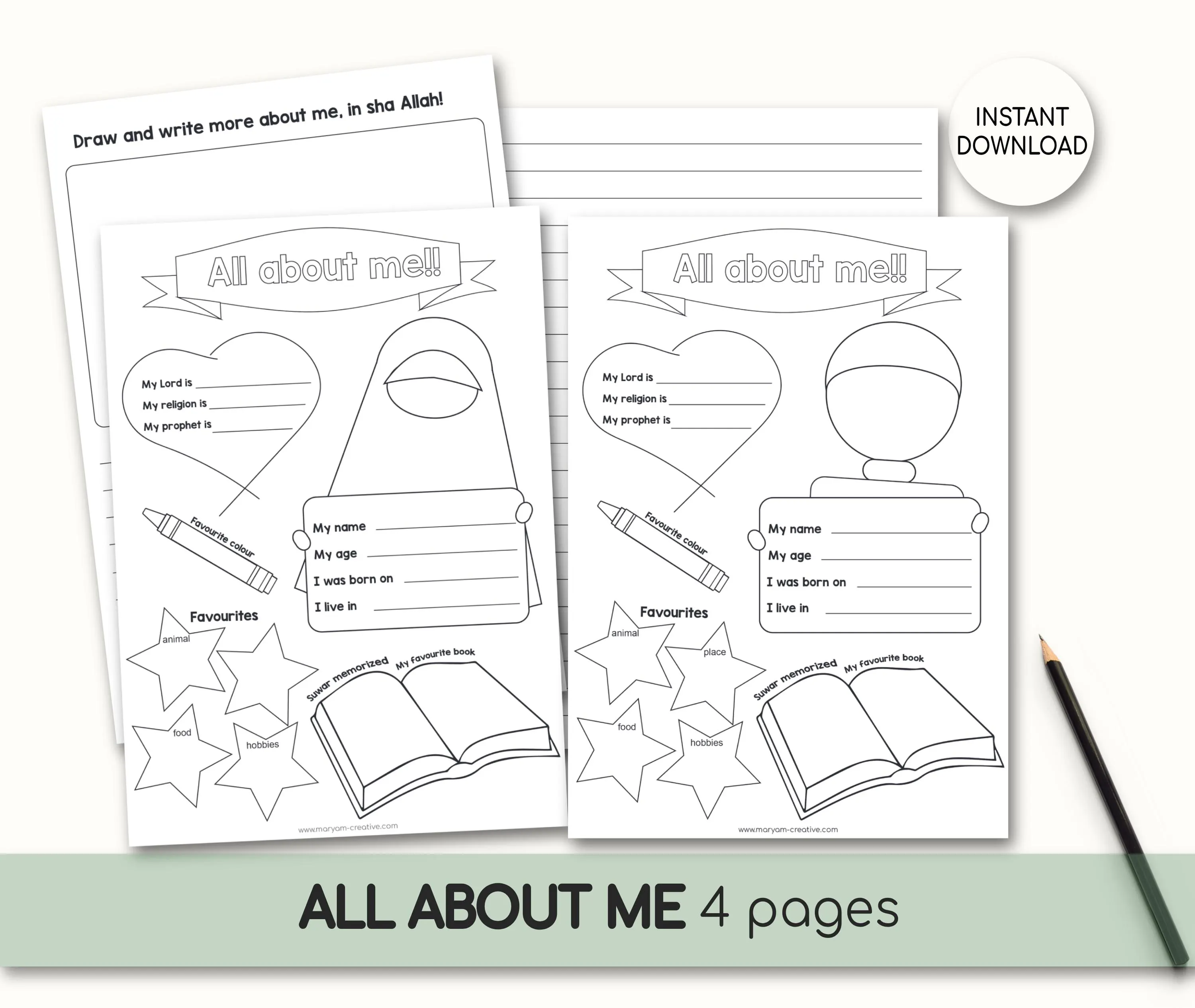 All About Me Worksheet, Muslim Kids, Back to School, Islam - Instant Download