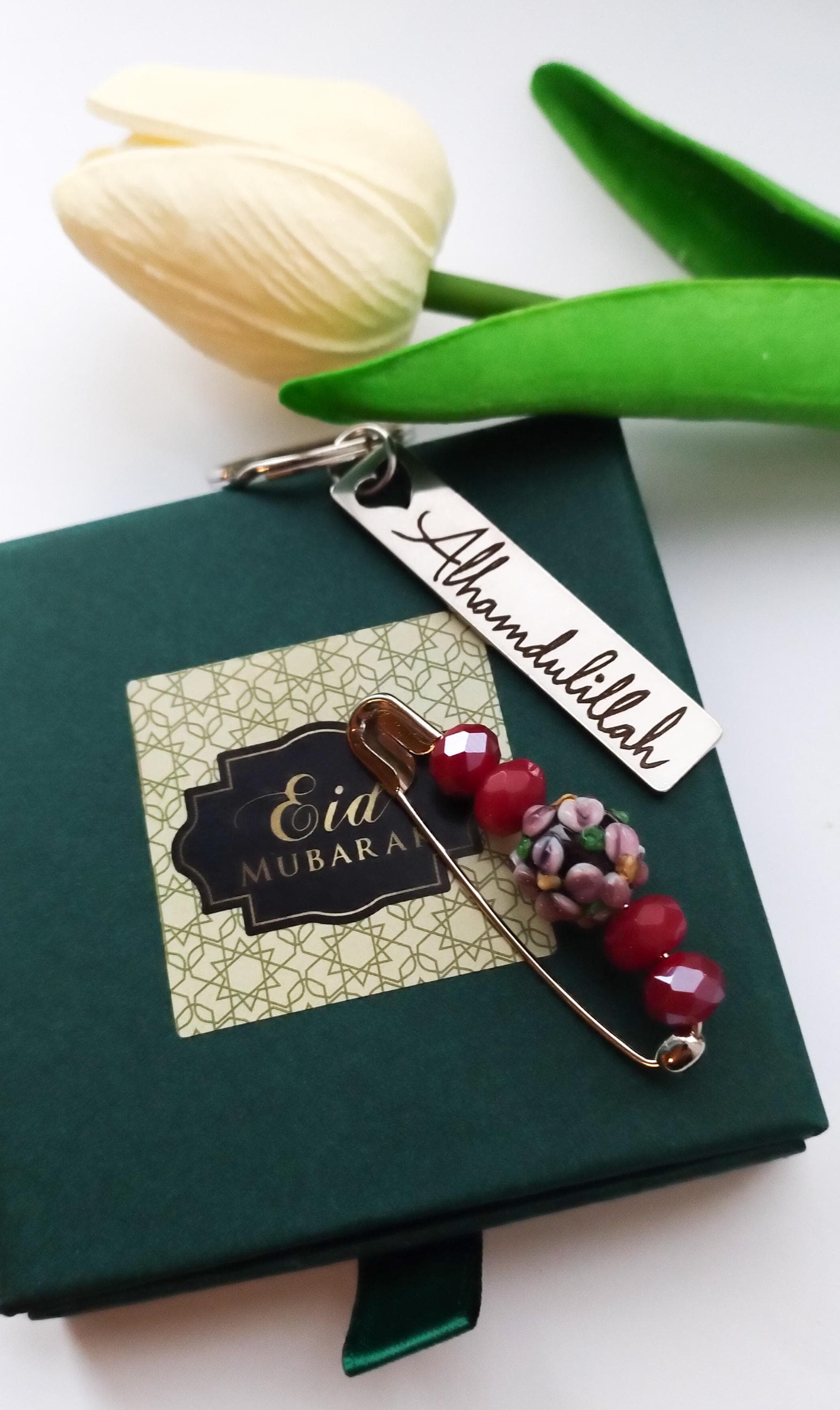 Muslimah Gift - Eid Gift - Ramadan Gift - Alhamdulillah Key Ring & Lampwork Safety Pin Brooch/Scarf/Hijab Pin in Gift Box - Eid Mubarak - image 4