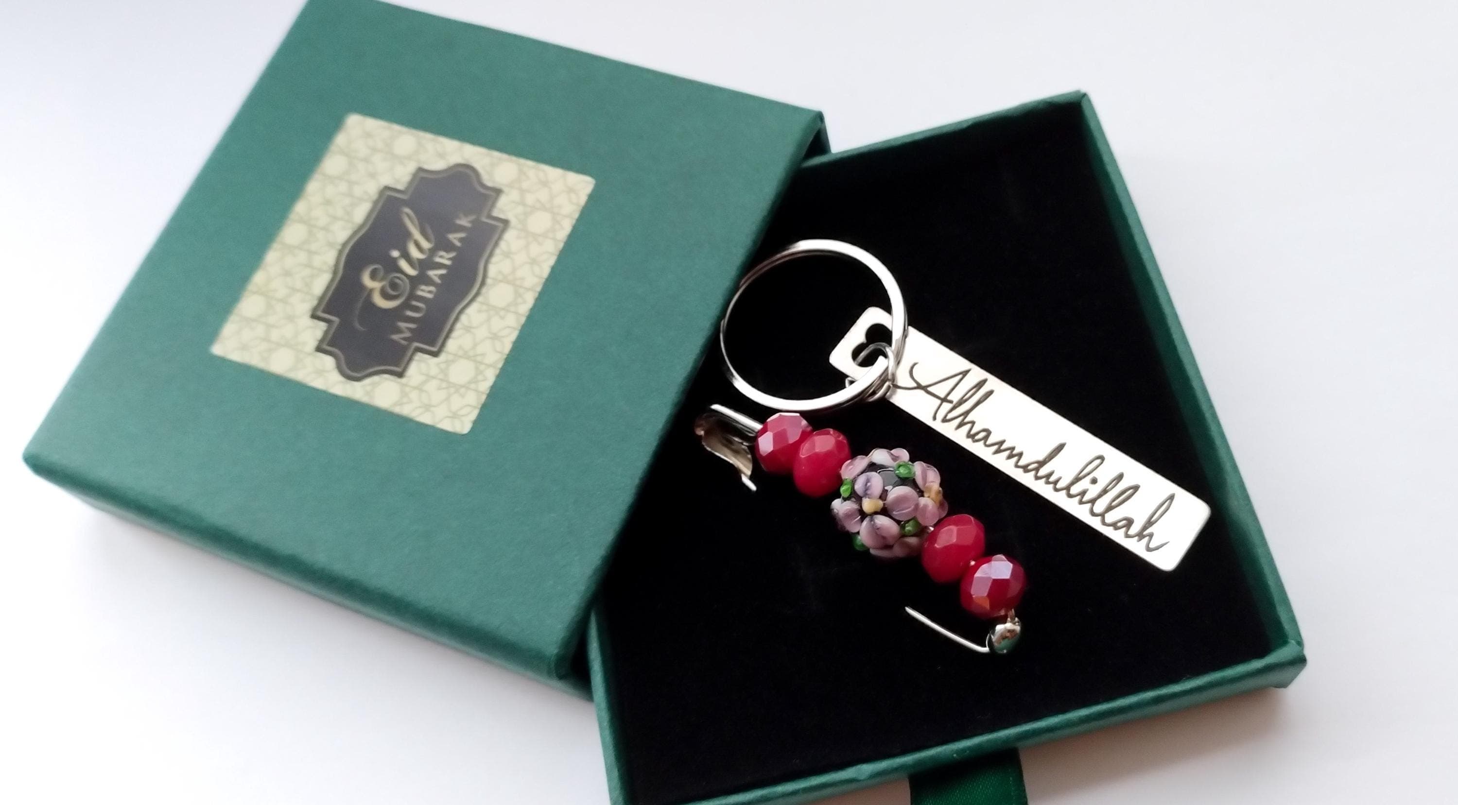 Muslimah Gift - Eid Gift - Ramadan Gift - Alhamdulillah Key Ring & Lampwork Safety Pin Brooch/Scarf/Hijab Pin in Gift Box - Eid Mubarak - image 3