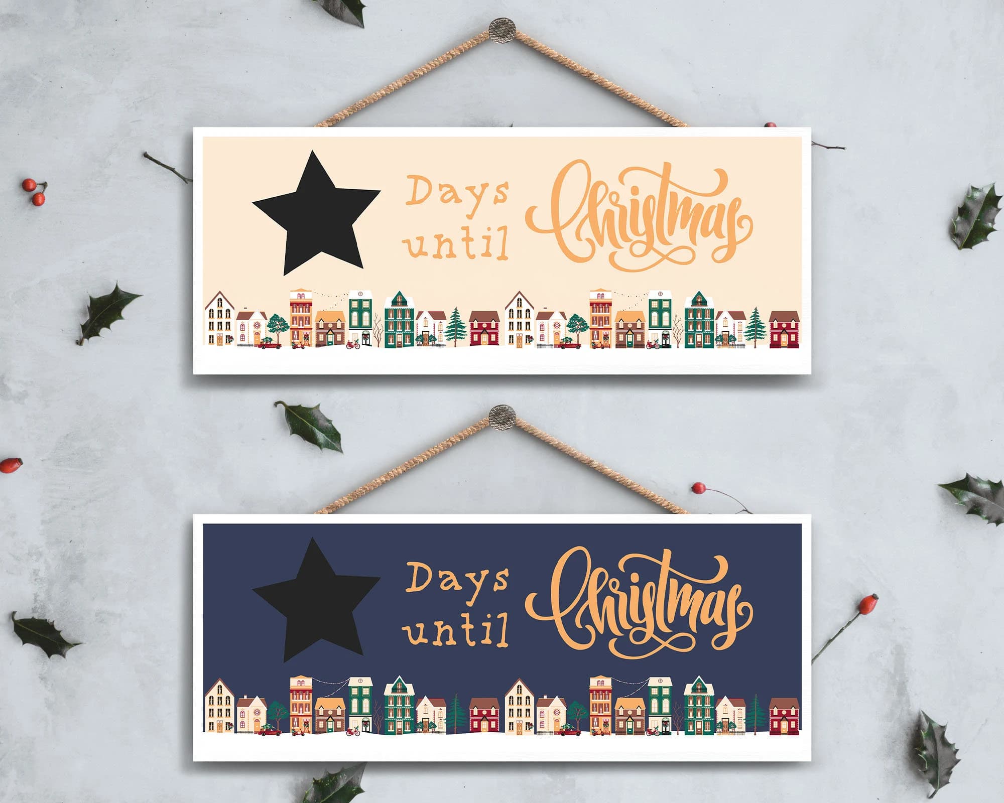 Personalized Christmas Countdown Chalkboard, Festive Street Scene Wooden Plaque