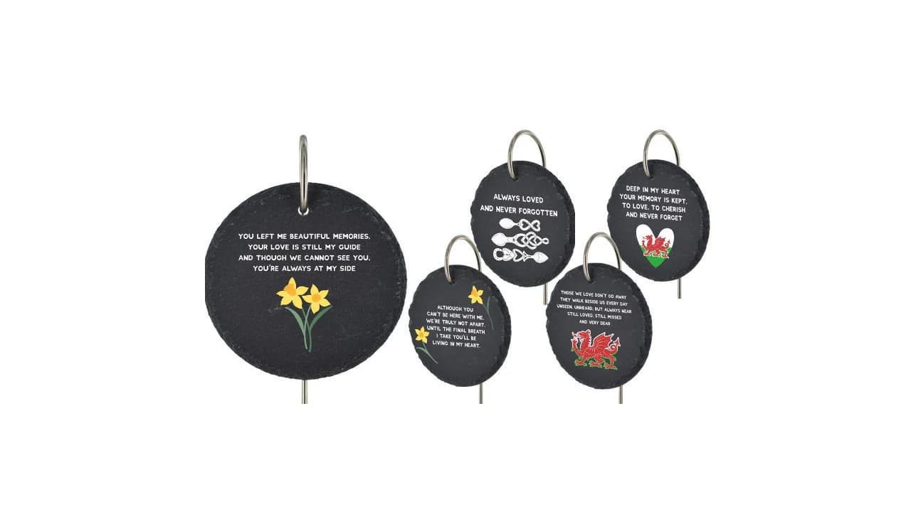 Welsh Slate Grave Marker with Daffodil, Love Spoons, Dragon